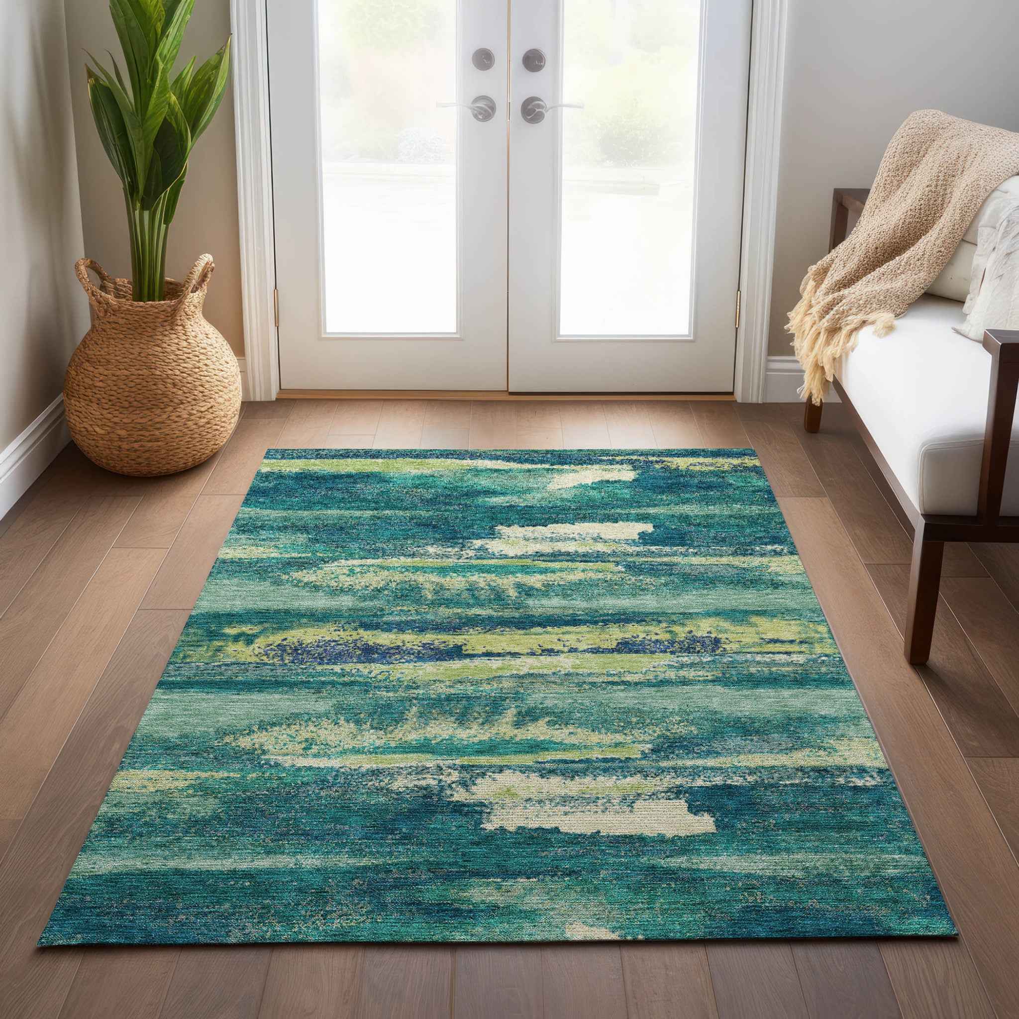 10' X 14' Emerald And Lime Green Abstract Washable Indoor Outdoor Area Rug