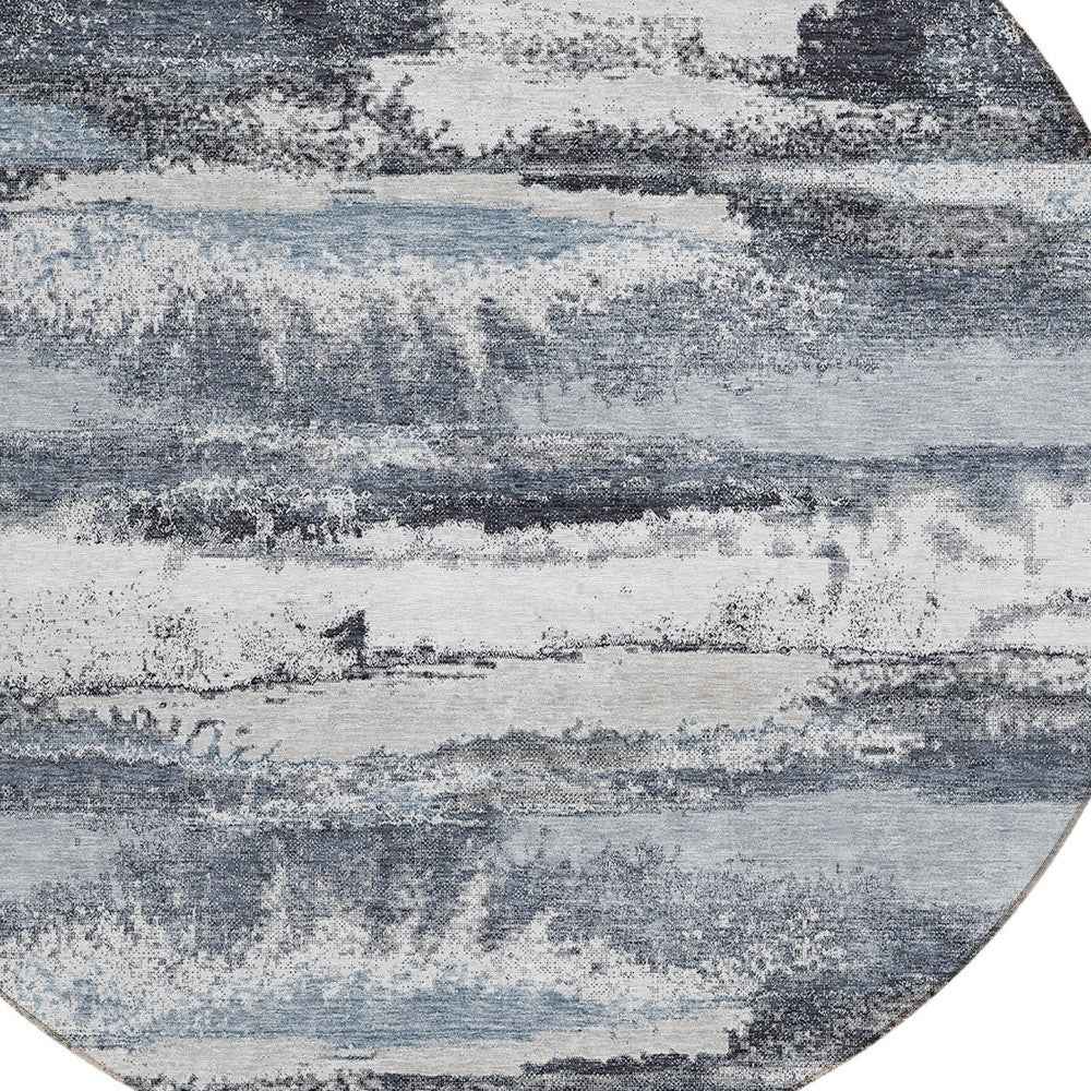 8' Gray And Silver Round Abstract Washable Indoor Outdoor Area Rug