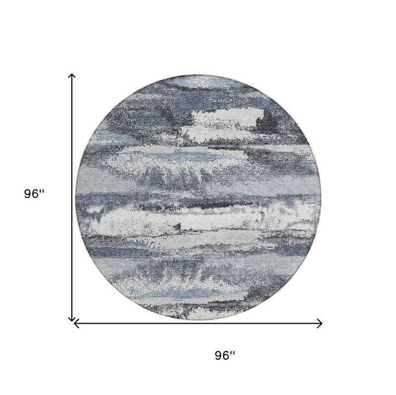 8' Gray And Silver Round Abstract Washable Indoor Outdoor Area Rug
