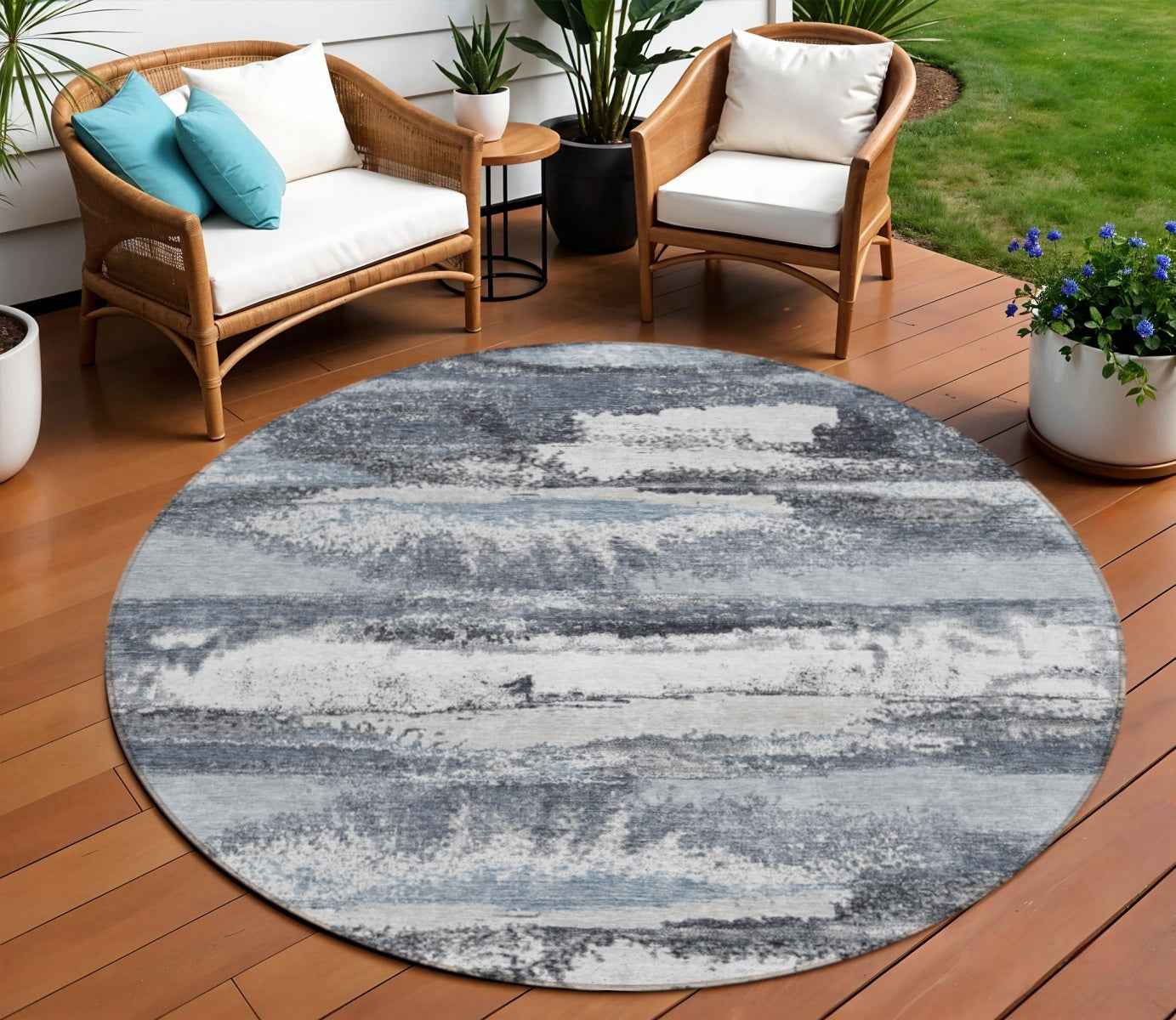 8' Gray And Silver Round Abstract Washable Indoor Outdoor Area Rug