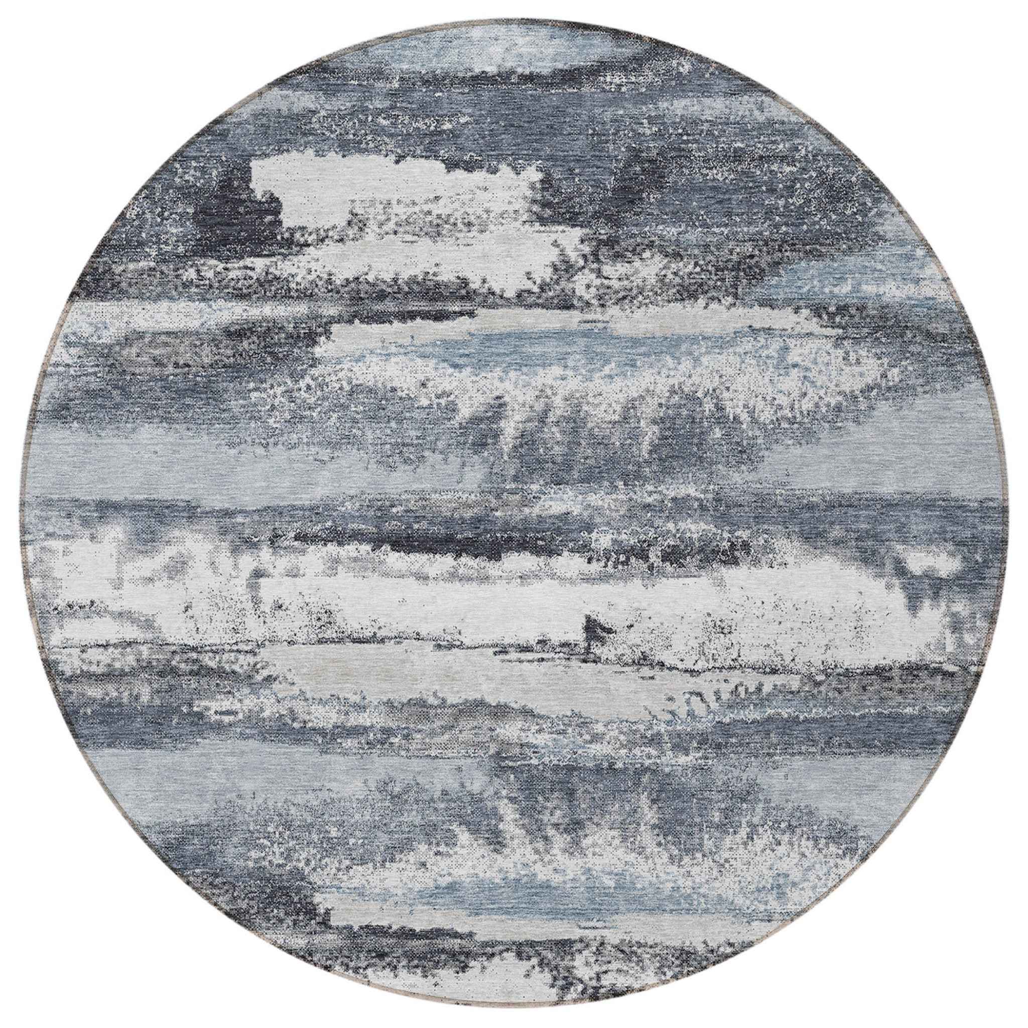 8' Gray And Silver Round Abstract Washable Indoor Outdoor Area Rug