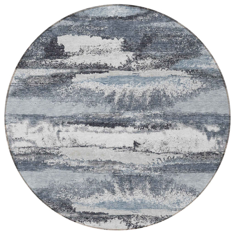 8' Gray And Silver Round Abstract Washable Indoor Outdoor Area Rug
