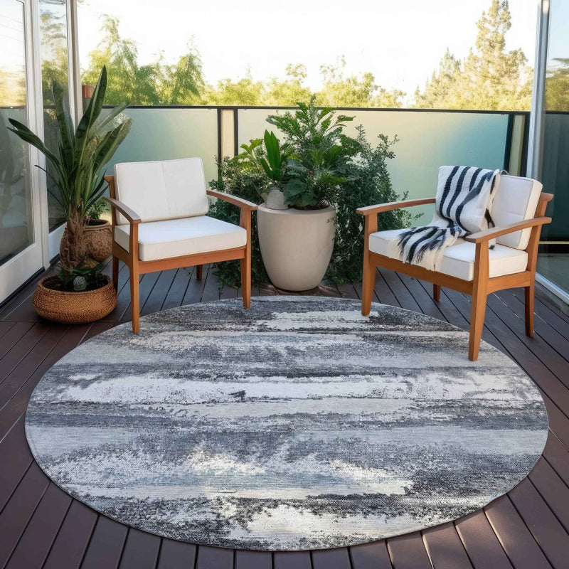 8' Gray And Silver Round Abstract Washable Indoor Outdoor Area Rug