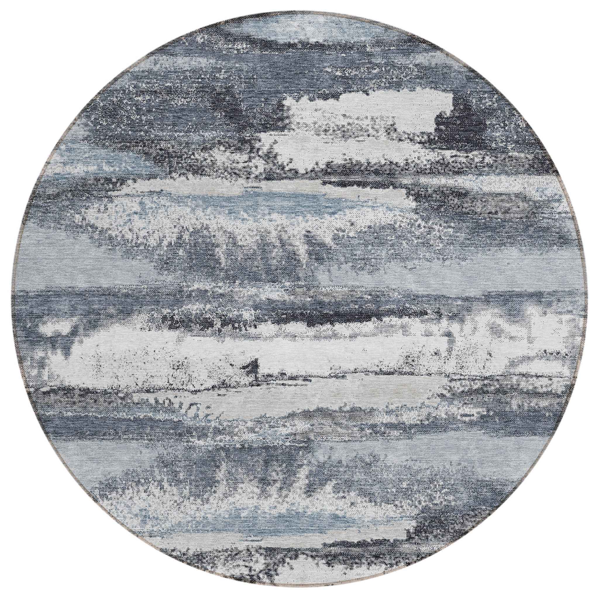 8' Gray And Silver Round Abstract Washable Indoor Outdoor Area Rug