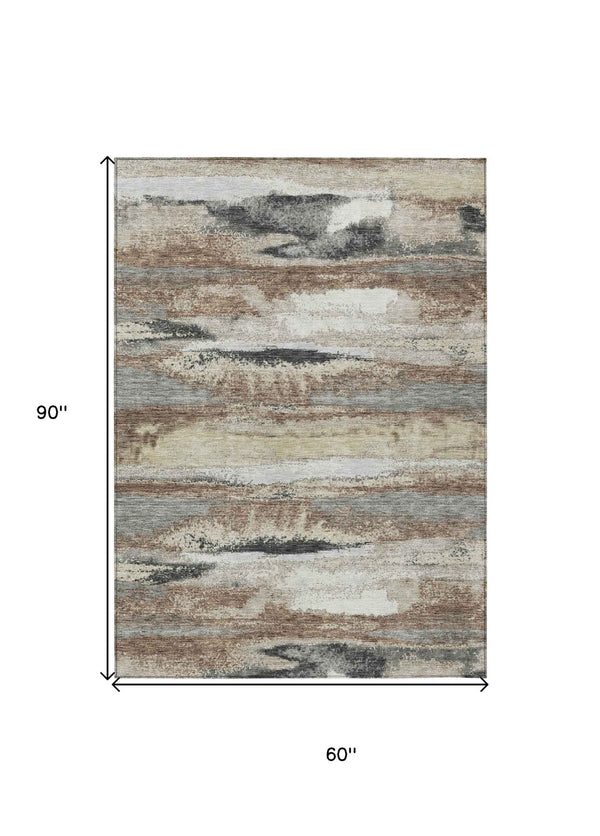 5' X 8' Taupe Beige And Ivory Abstract Washable Indoor Outdoor Area Rug
