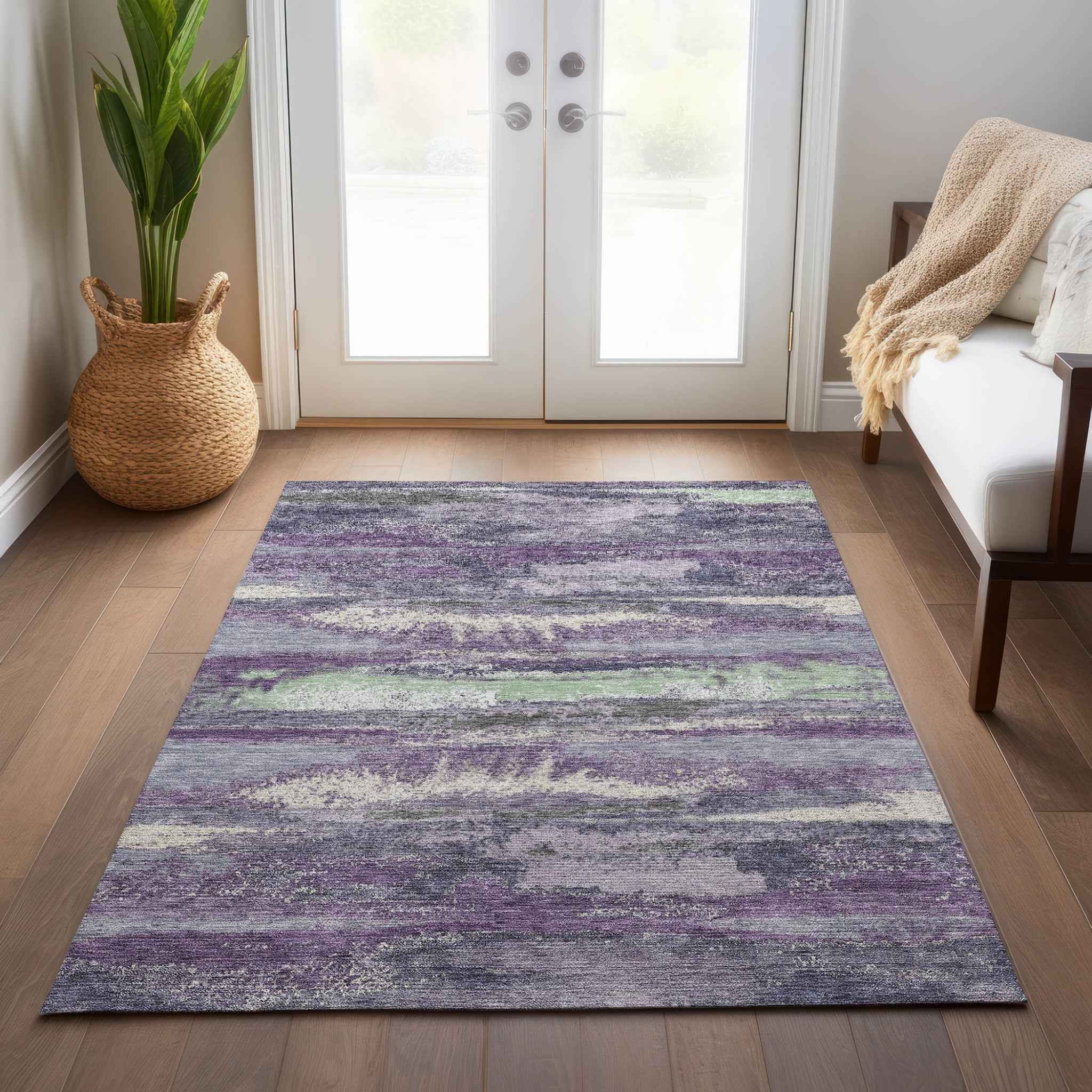 5' X 8' Purple And Lavender Abstract Washable Indoor Outdoor Area Rug