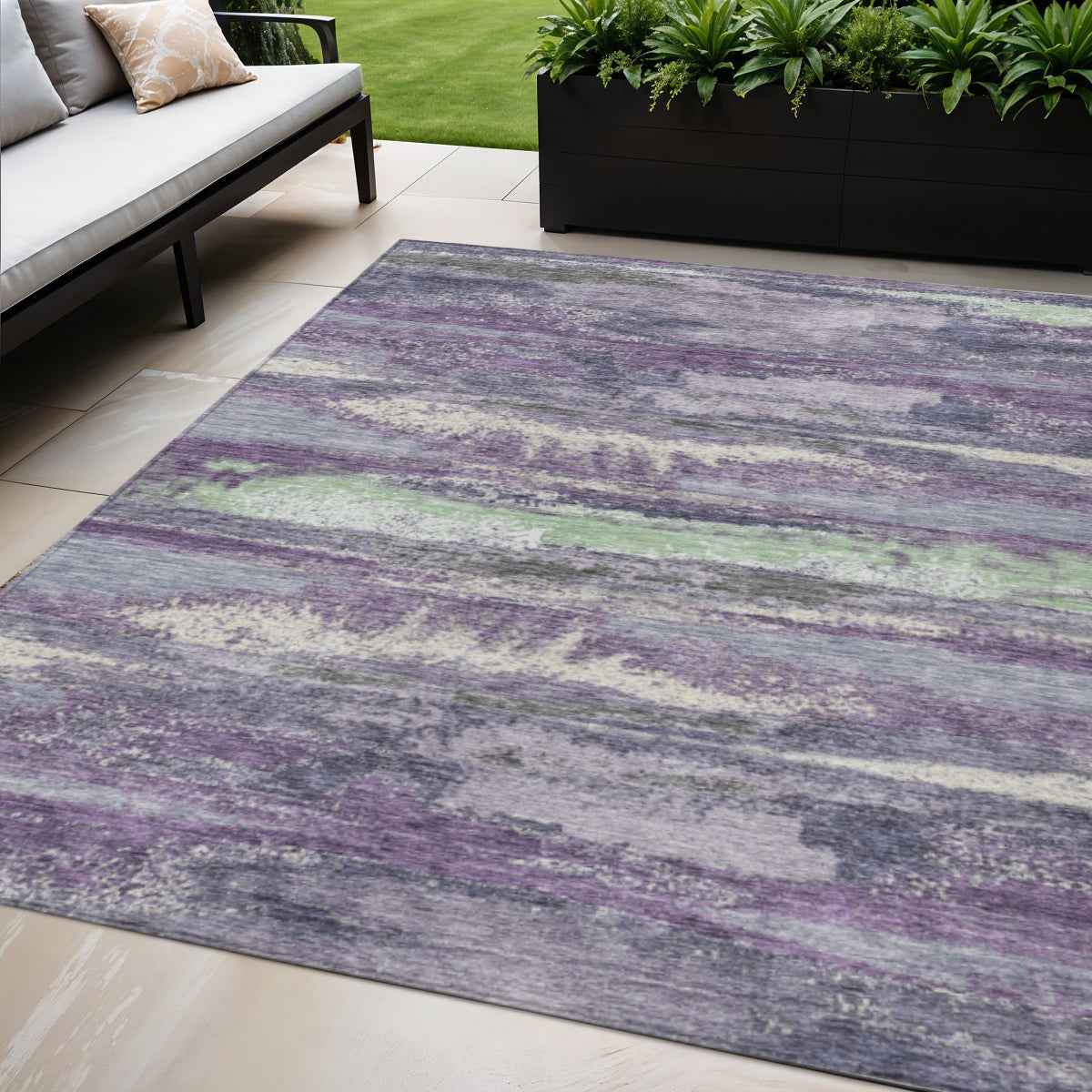 5' X 8' Purple And Lavender Abstract Washable Indoor Outdoor Area Rug