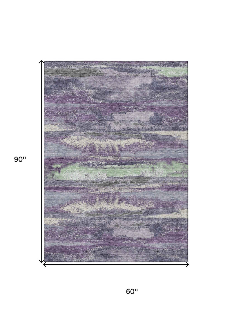 5' X 8' Purple And Lavender Abstract Washable Indoor Outdoor Area Rug