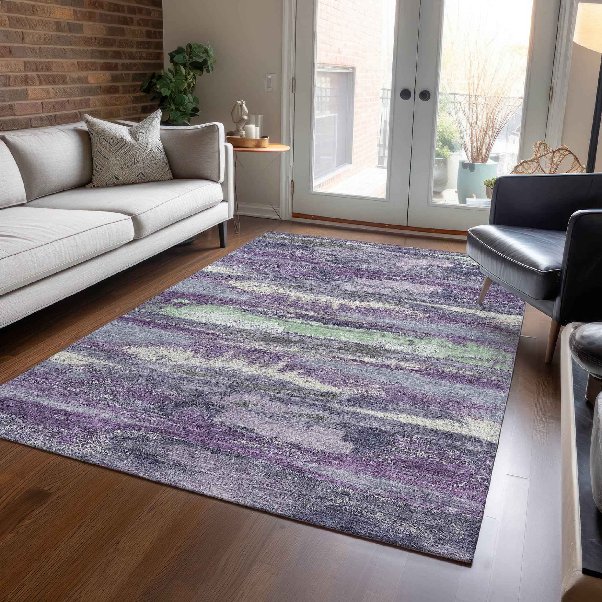 5' X 8' Purple And Lavender Abstract Washable Indoor Outdoor Area Rug