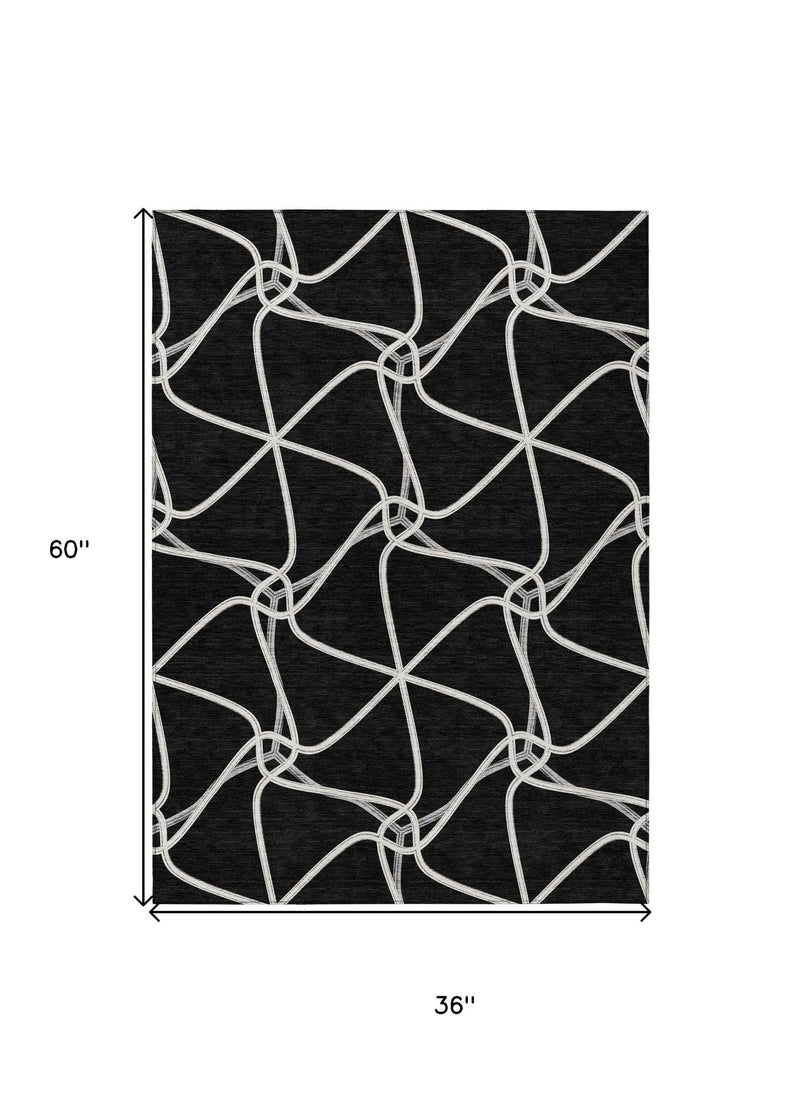 3' X 5' Black And Ivory Geometric Washable Indoor Outdoor Area Rug