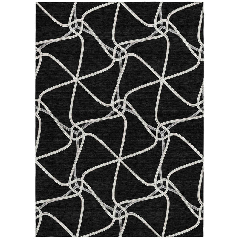 3' X 5' Black And Ivory Geometric Washable Indoor Outdoor Area Rug