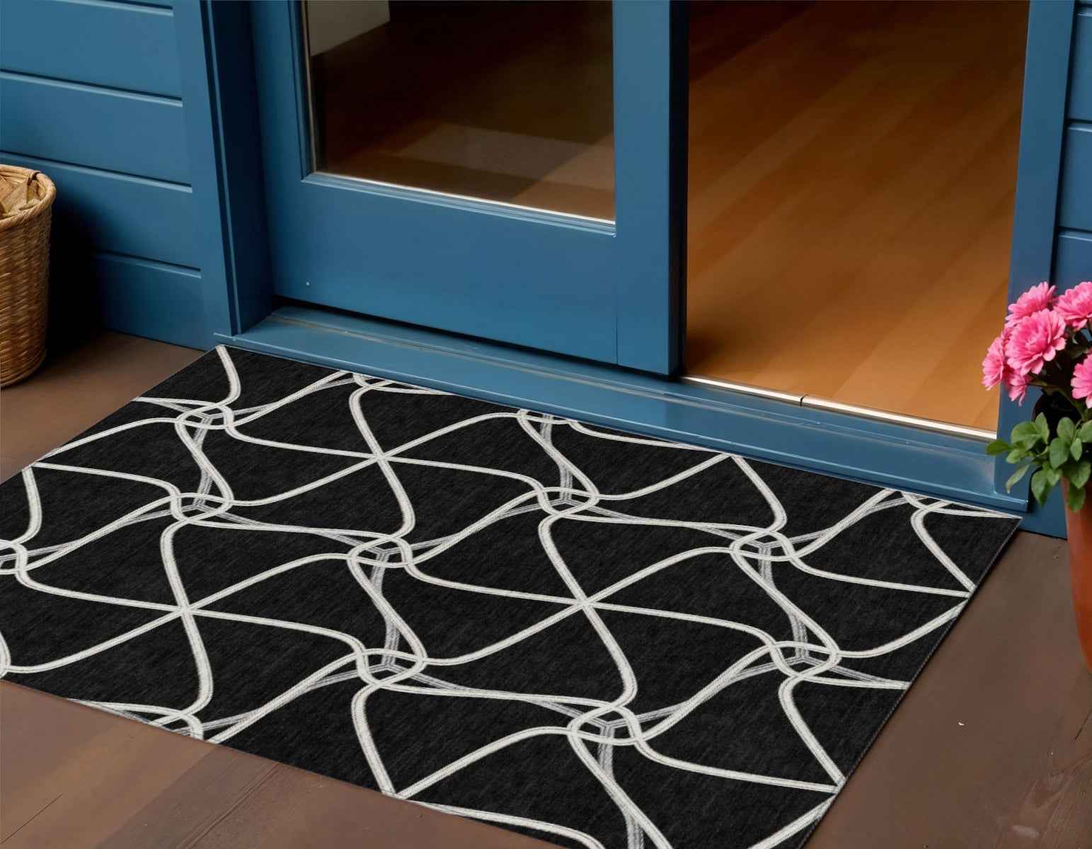 3' X 5' Black And Ivory Geometric Washable Indoor Outdoor Area Rug