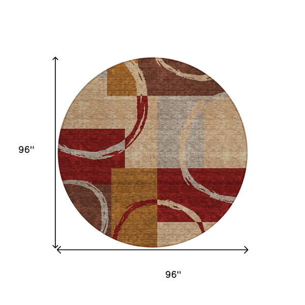 8' Wheat And Burgundy Round Geometric Washable Indoor Outdoor Area Rug