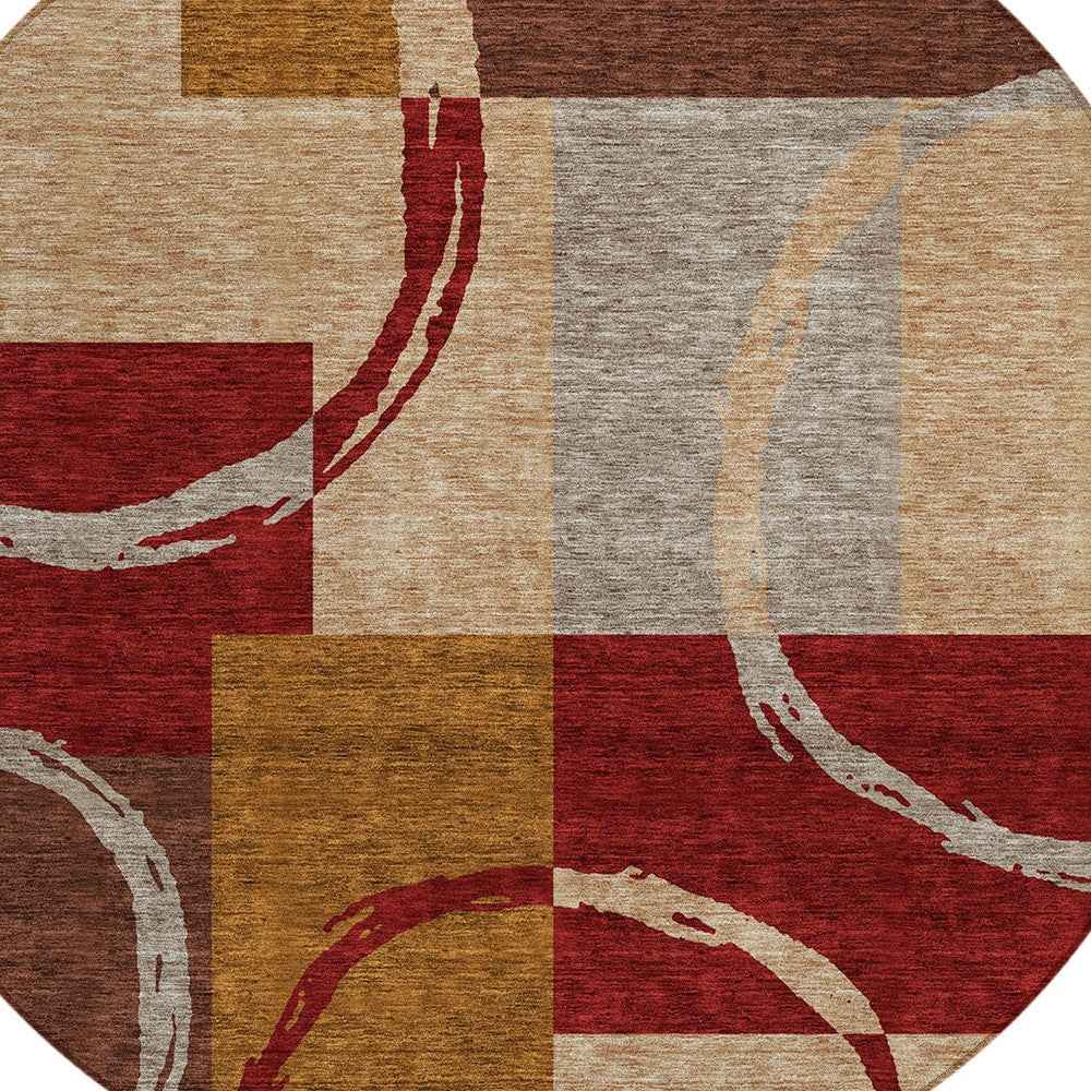 8' Wheat And Burgundy Round Geometric Washable Indoor Outdoor Area Rug