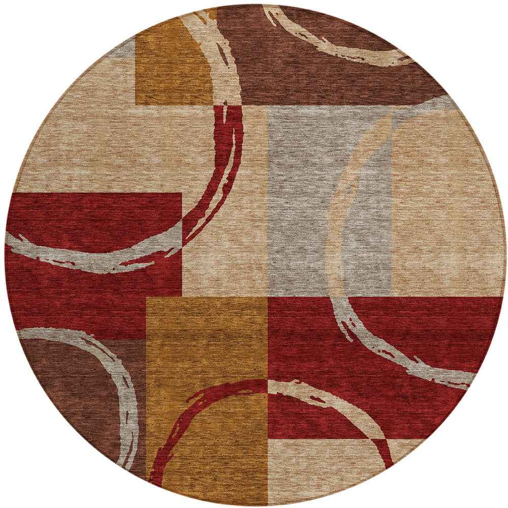 8' Wheat And Burgundy Round Geometric Washable Indoor Outdoor Area Rug