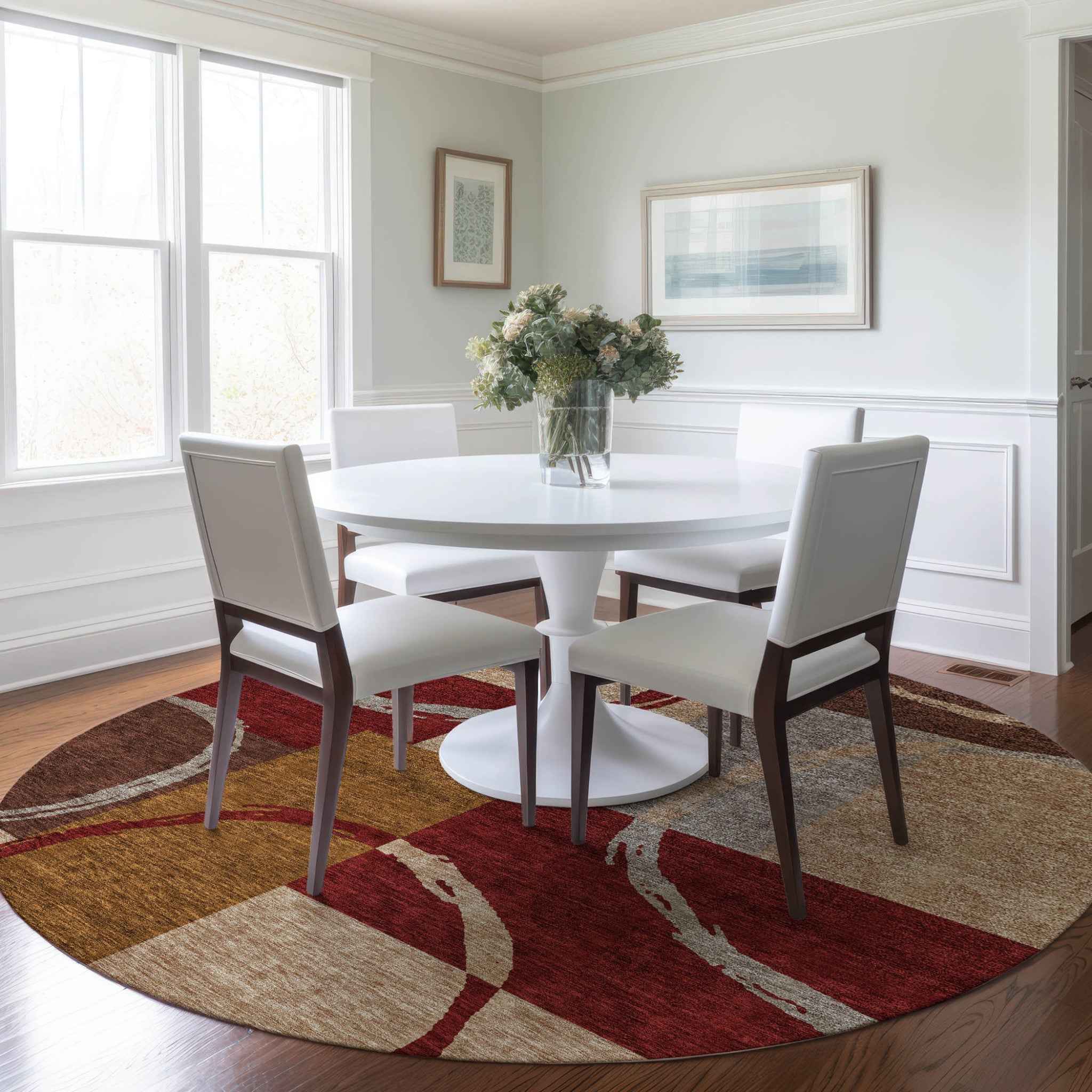 8' Wheat And Burgundy Round Geometric Washable Indoor Outdoor Area Rug