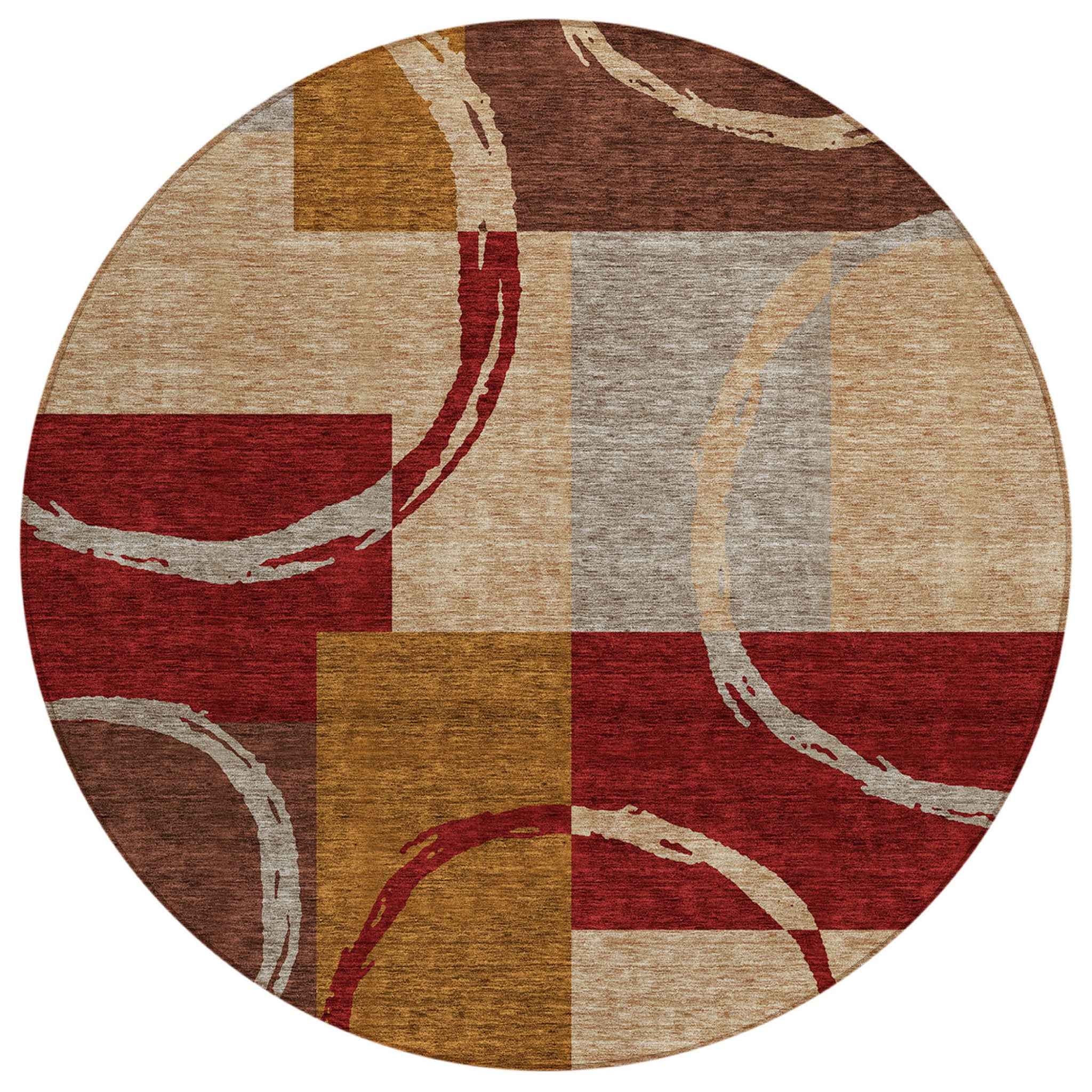 8' Wheat And Burgundy Round Geometric Washable Indoor Outdoor Area Rug