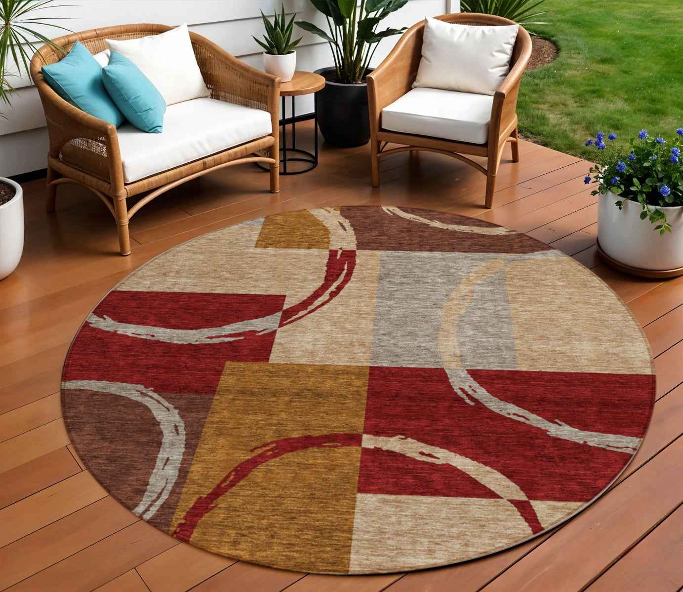 8' Wheat And Burgundy Round Geometric Washable Indoor Outdoor Area Rug