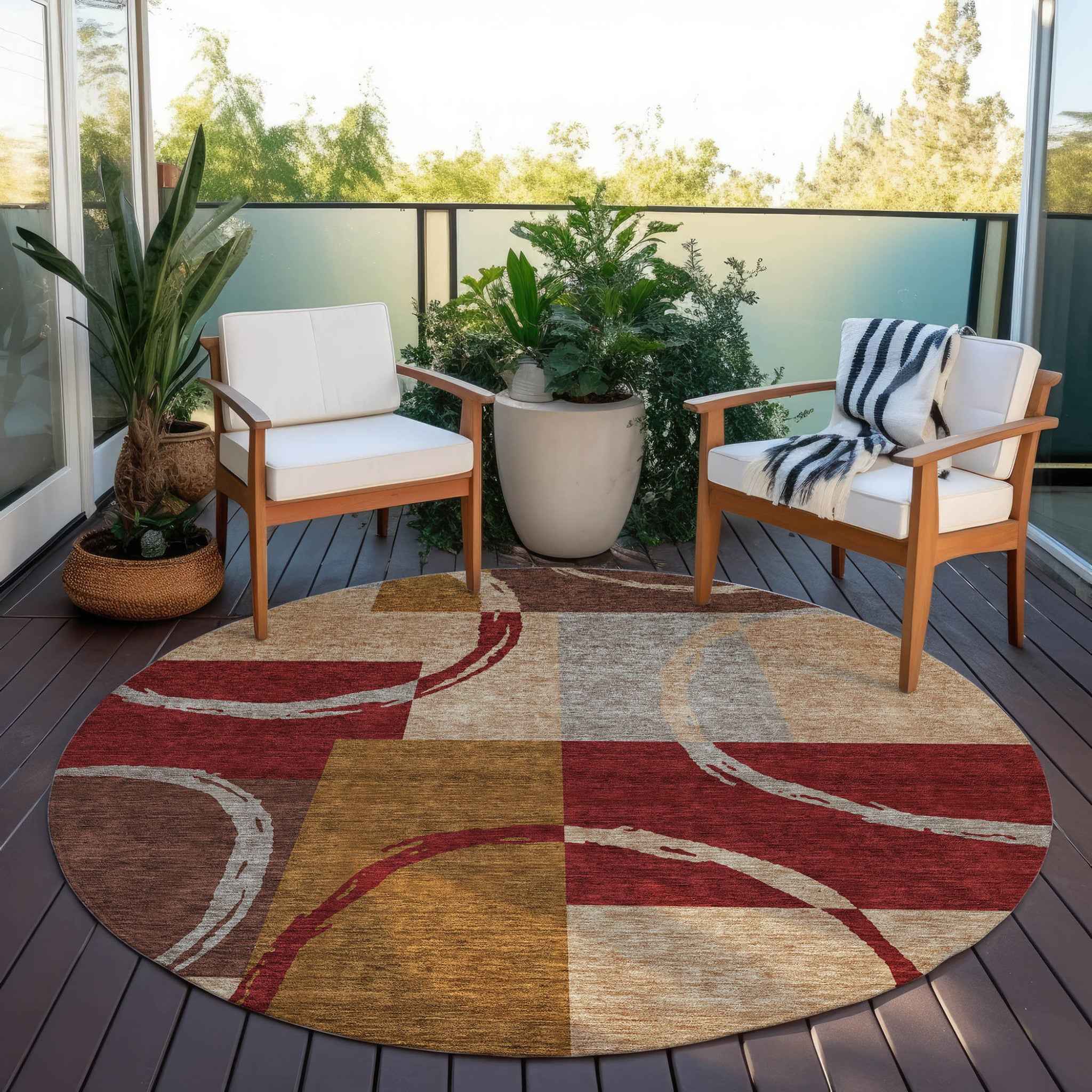8' Wheat And Burgundy Round Geometric Washable Indoor Outdoor Area Rug