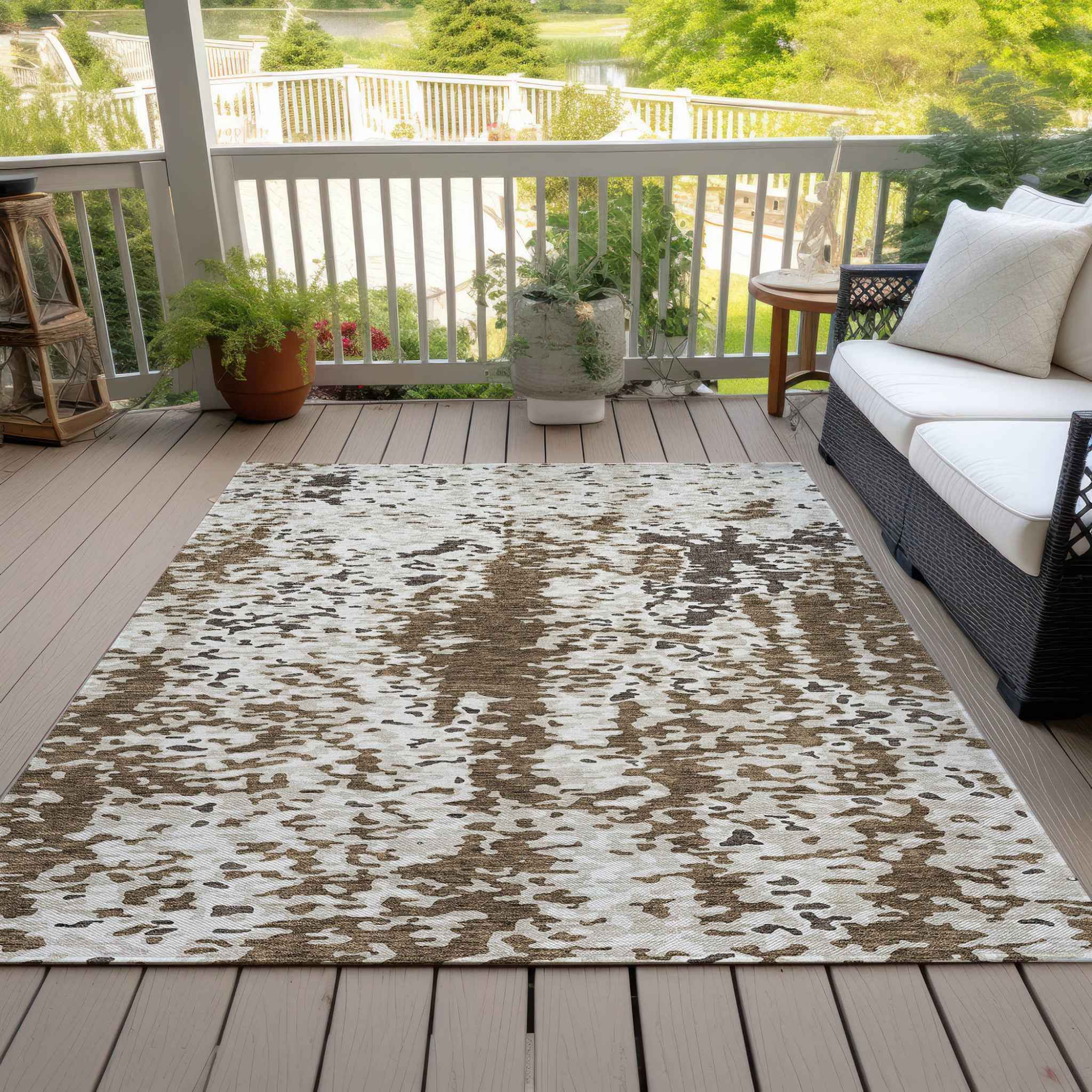 8' X 10' Brown And Ivory Abstract Washable Indoor Outdoor Area Rug