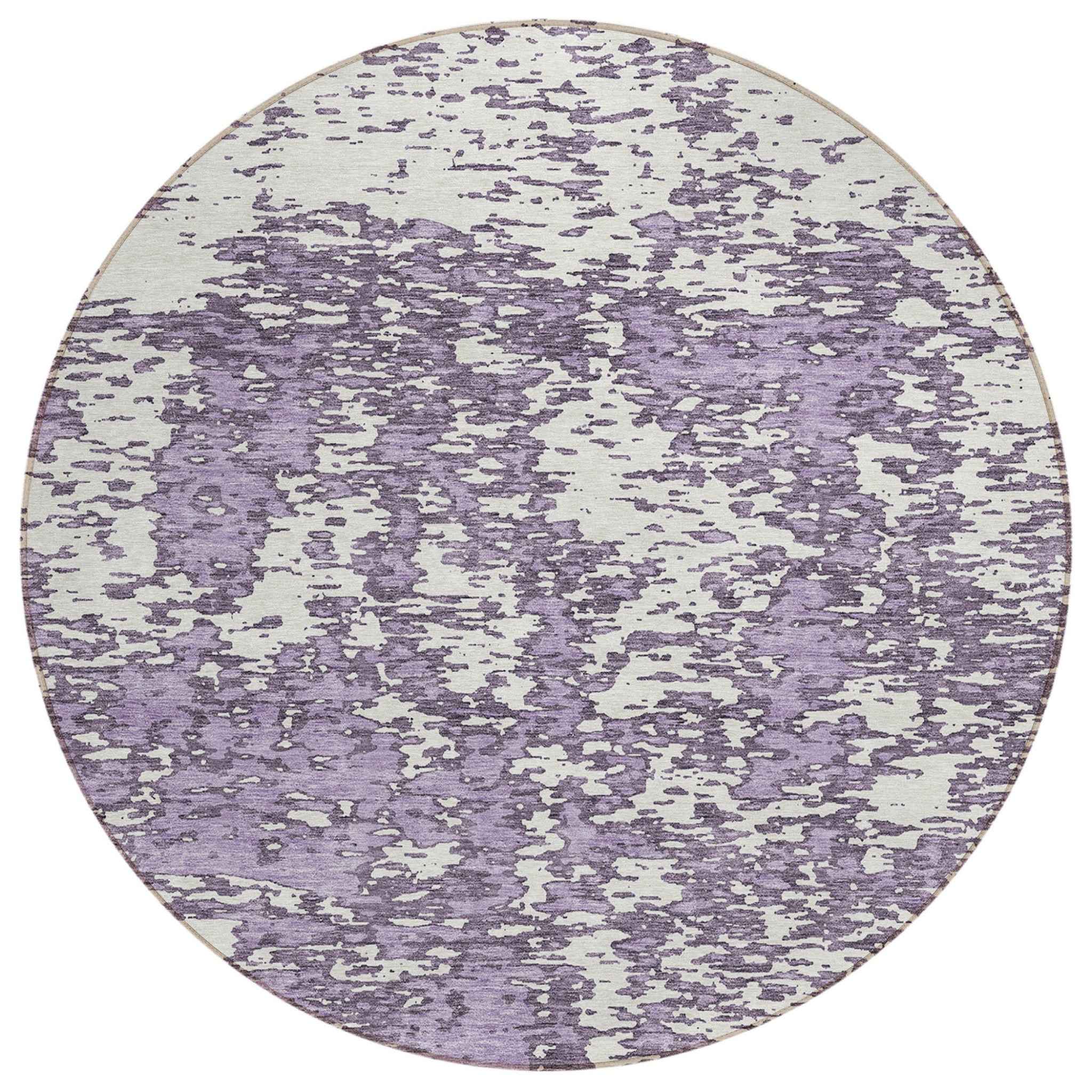 8' Lavender And Ivory Round Abstract Washable Indoor Outdoor Area Rug