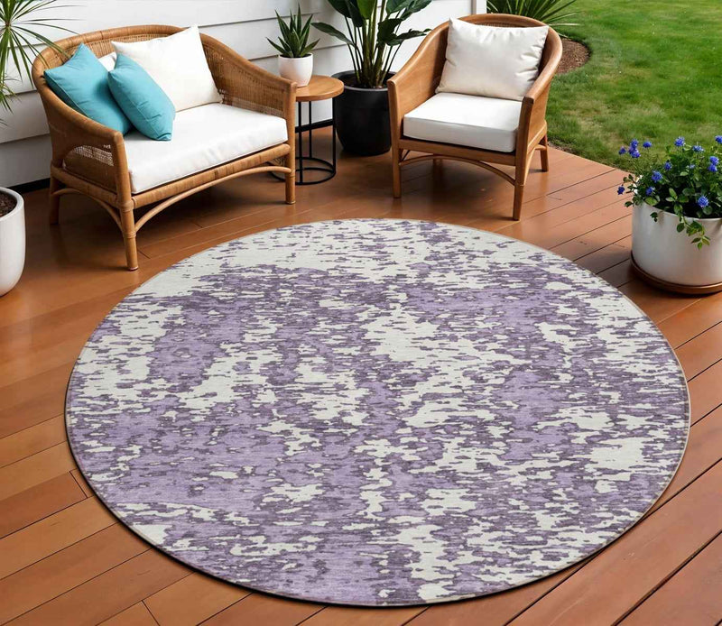8' Lavender And Ivory Round Abstract Washable Indoor Outdoor Area Rug
