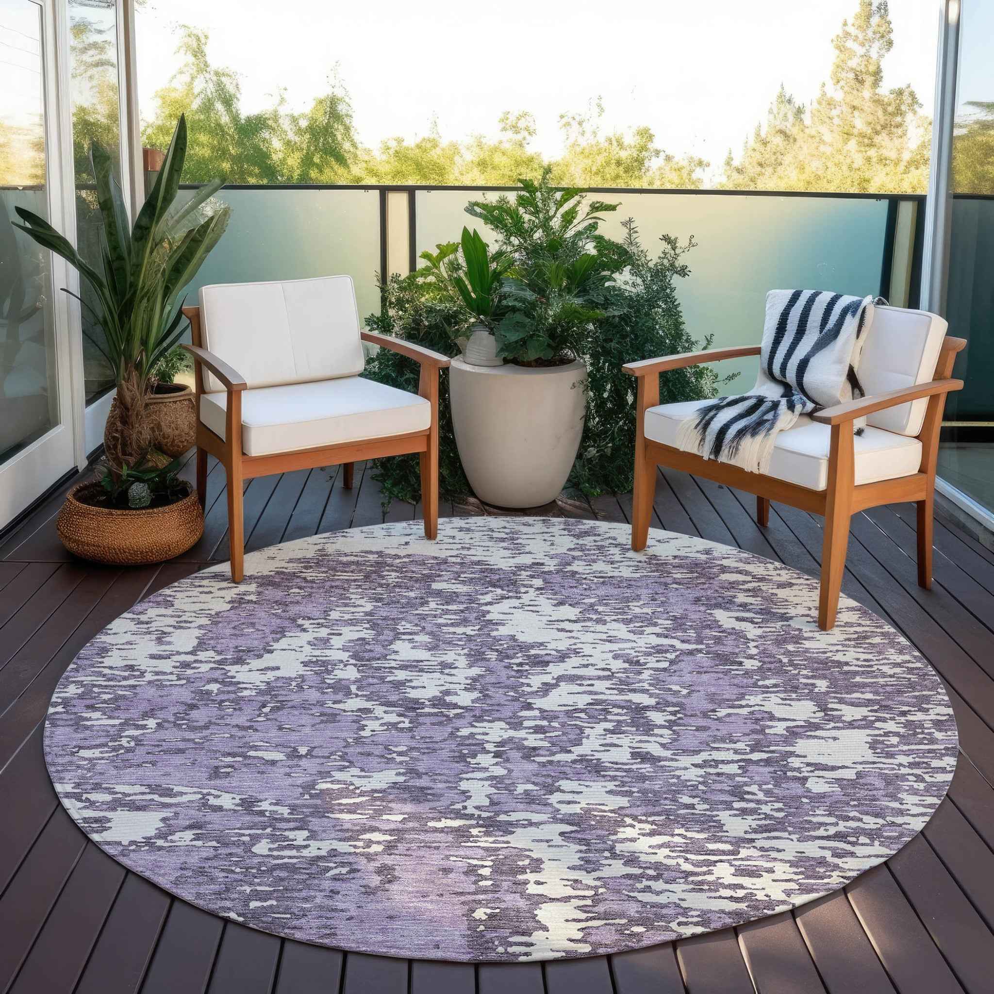 8' Lavender And Ivory Round Abstract Washable Indoor Outdoor Area Rug