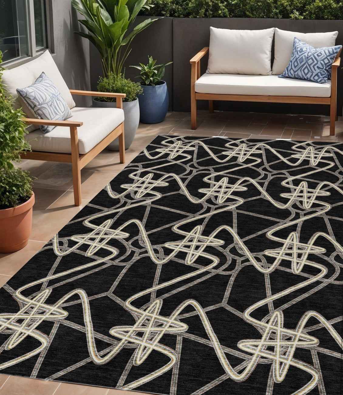 5' X 8' Black Ivory And Brown Geometric Washable Indoor Outdoor Area Rug