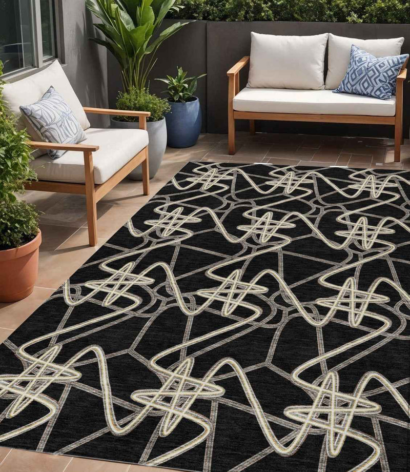 5' X 8' Black Ivory And Brown Geometric Washable Indoor Outdoor Area Rug