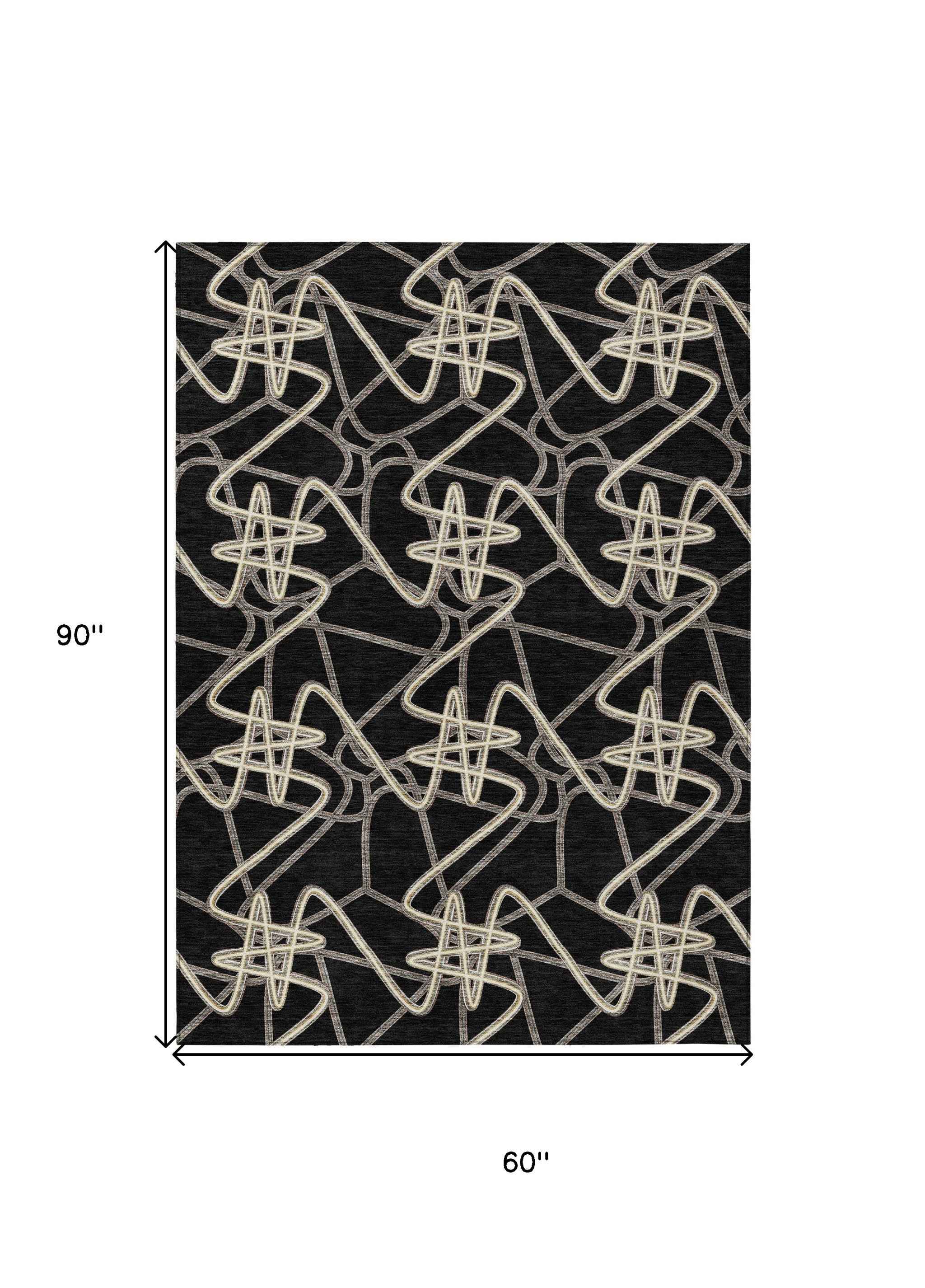 5' X 8' Black Ivory And Brown Geometric Washable Indoor Outdoor Area Rug