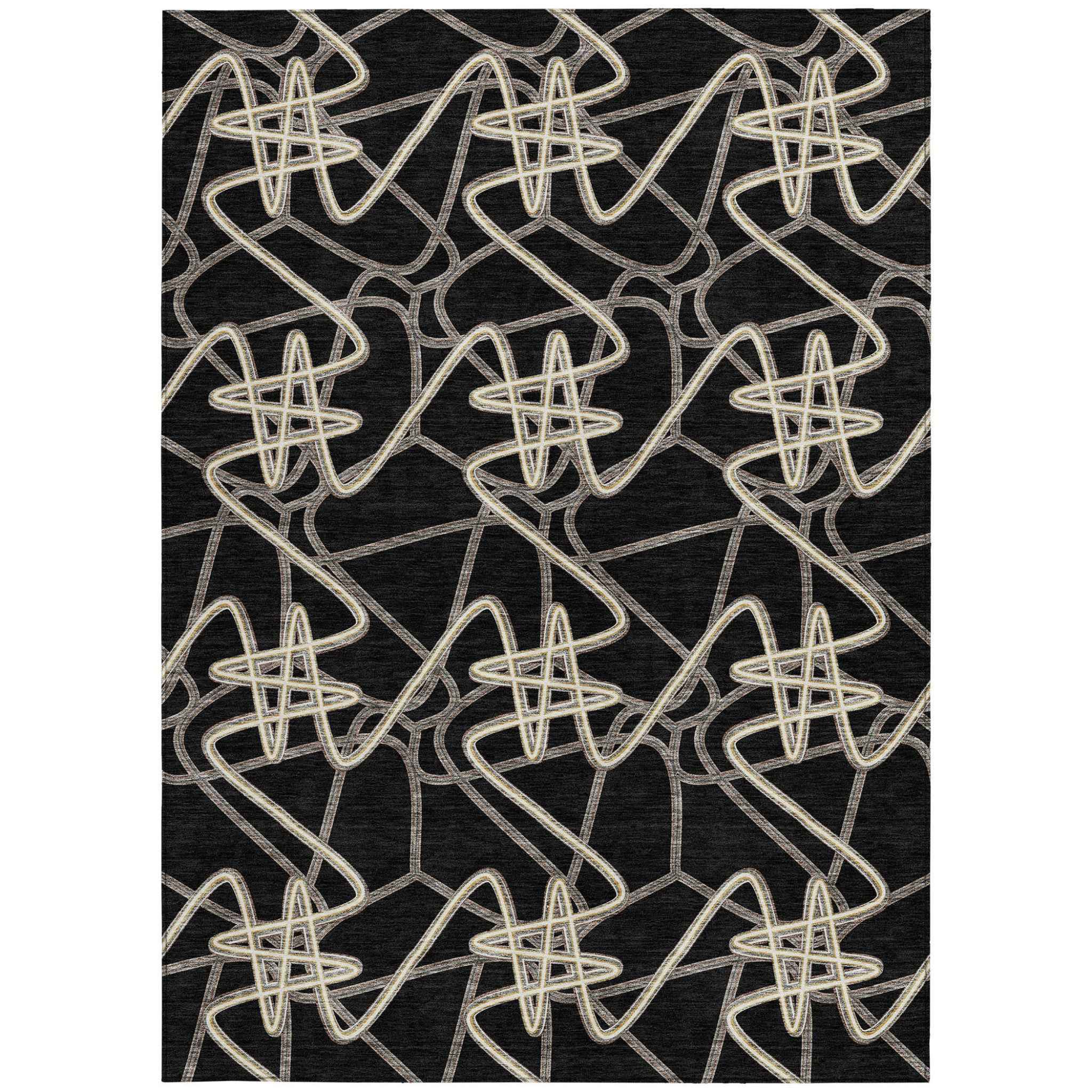 5' X 8' Black Ivory And Brown Geometric Washable Indoor Outdoor Area Rug
