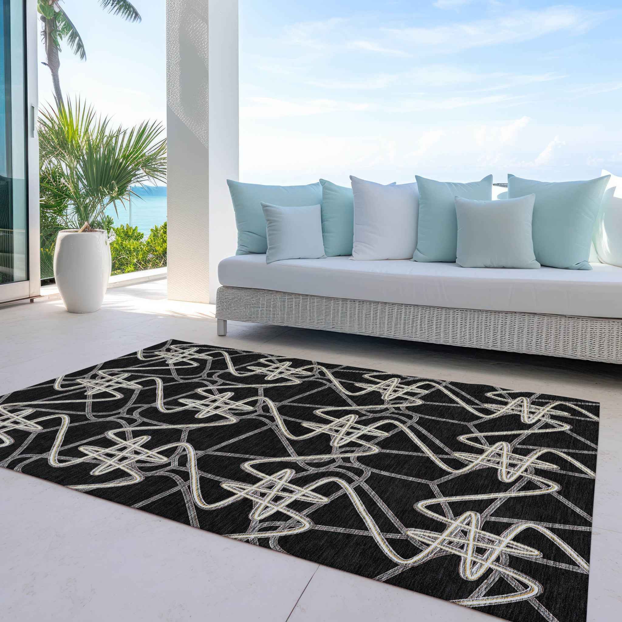 5' X 8' Black Ivory And Brown Geometric Washable Indoor Outdoor Area Rug