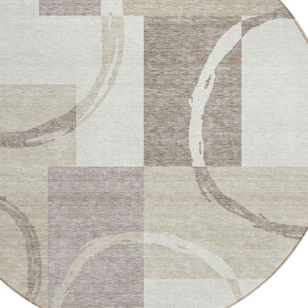 8' Ivory And Beige Round Geometric Washable Indoor Outdoor Area Rug