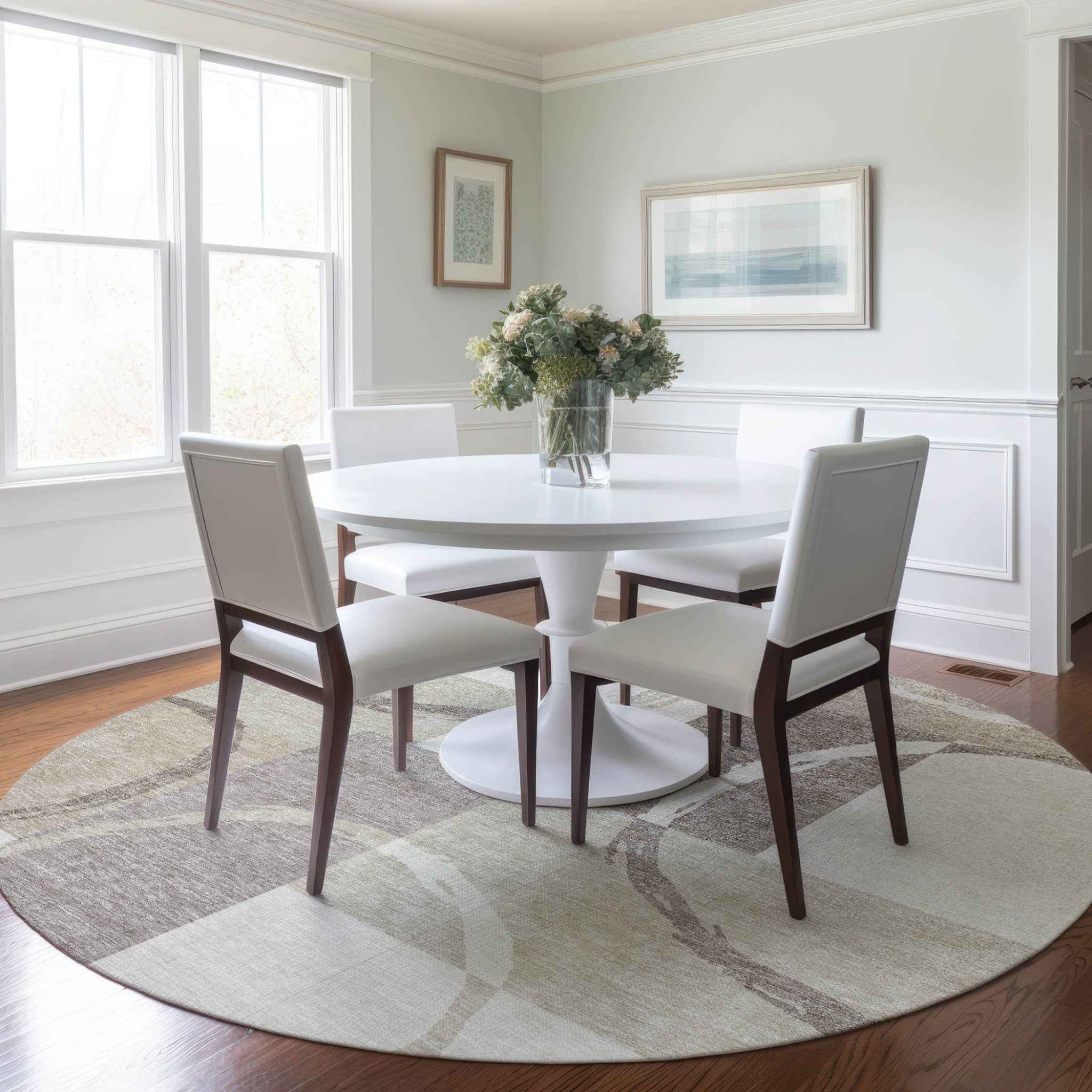 8' Ivory And Beige Round Geometric Washable Indoor Outdoor Area Rug