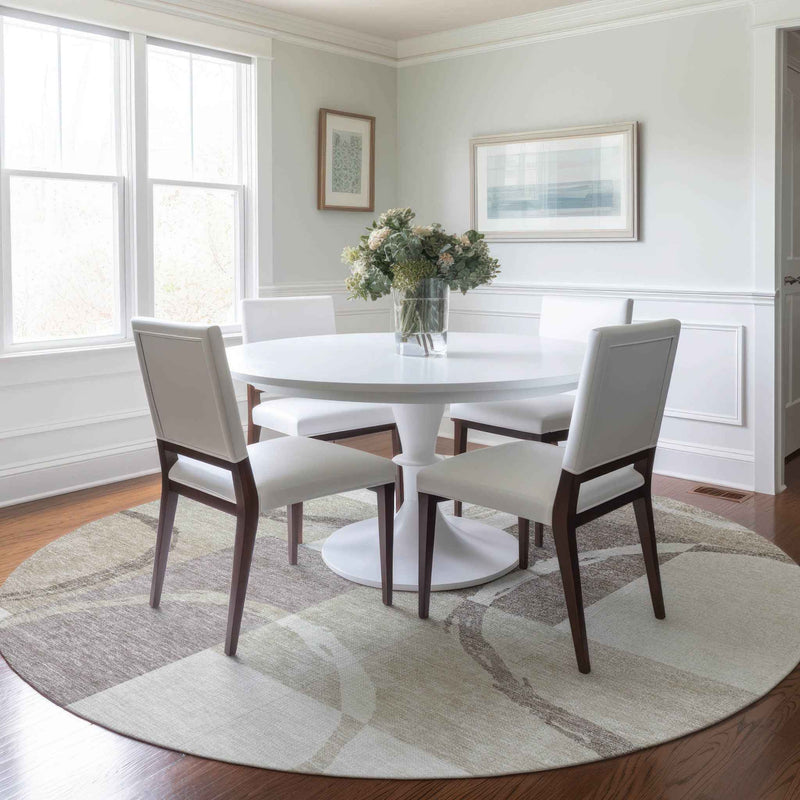 8' Ivory And Beige Round Geometric Washable Indoor Outdoor Area Rug