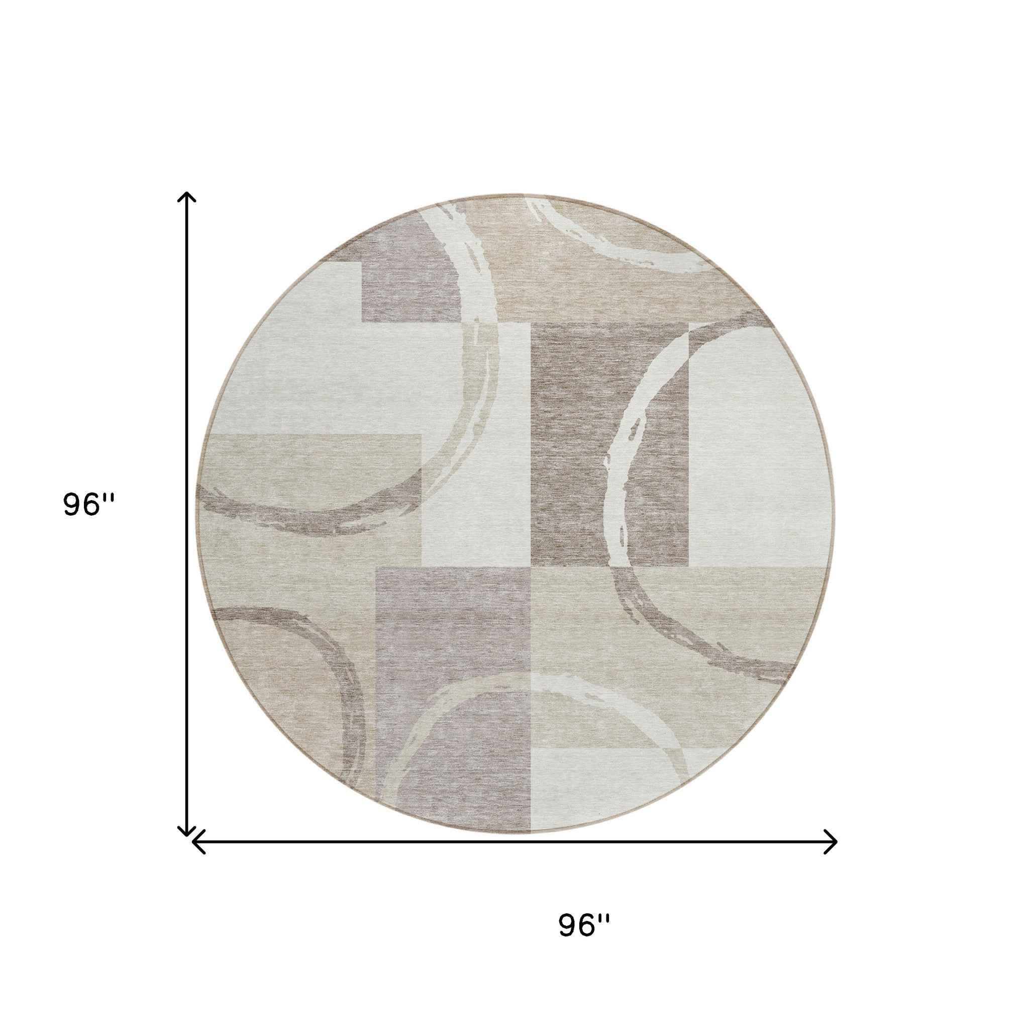 8' Ivory And Beige Round Geometric Washable Indoor Outdoor Area Rug