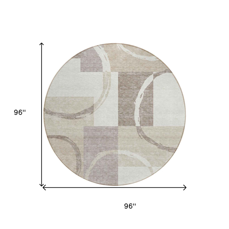 8' Ivory And Beige Round Geometric Washable Indoor Outdoor Area Rug