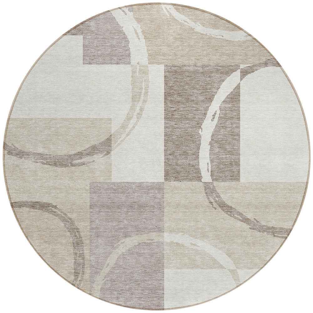 8' Ivory And Beige Round Geometric Washable Indoor Outdoor Area Rug