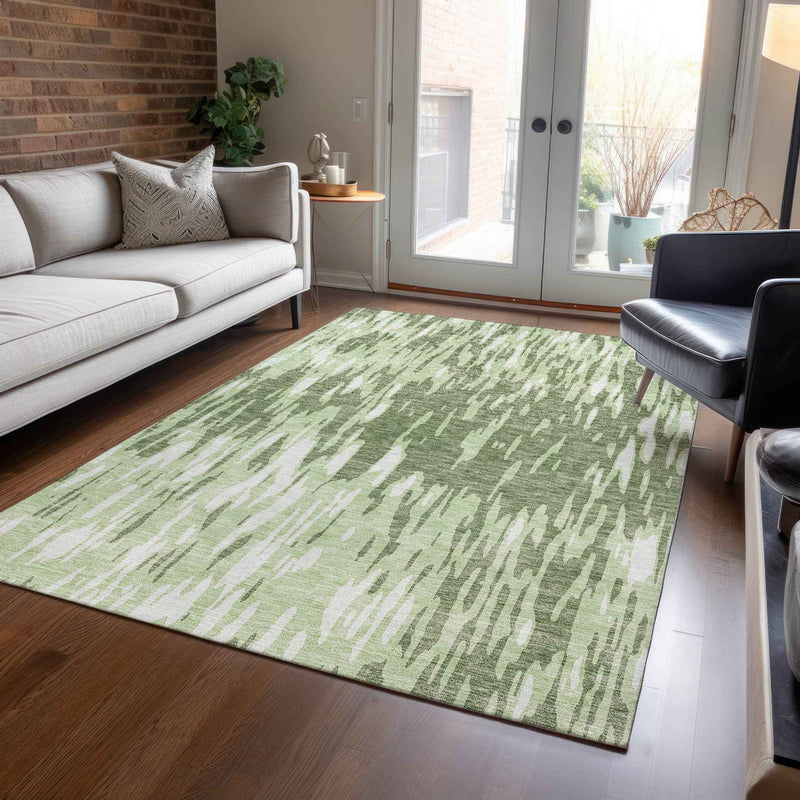 9' X 12' Green And Ivory Abstract Washable Indoor Outdoor Area Rug