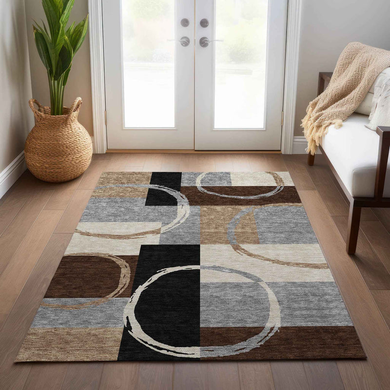 8' X 10' Pewter Gray And Black Geometric Washable Indoor Outdoor Area Rug