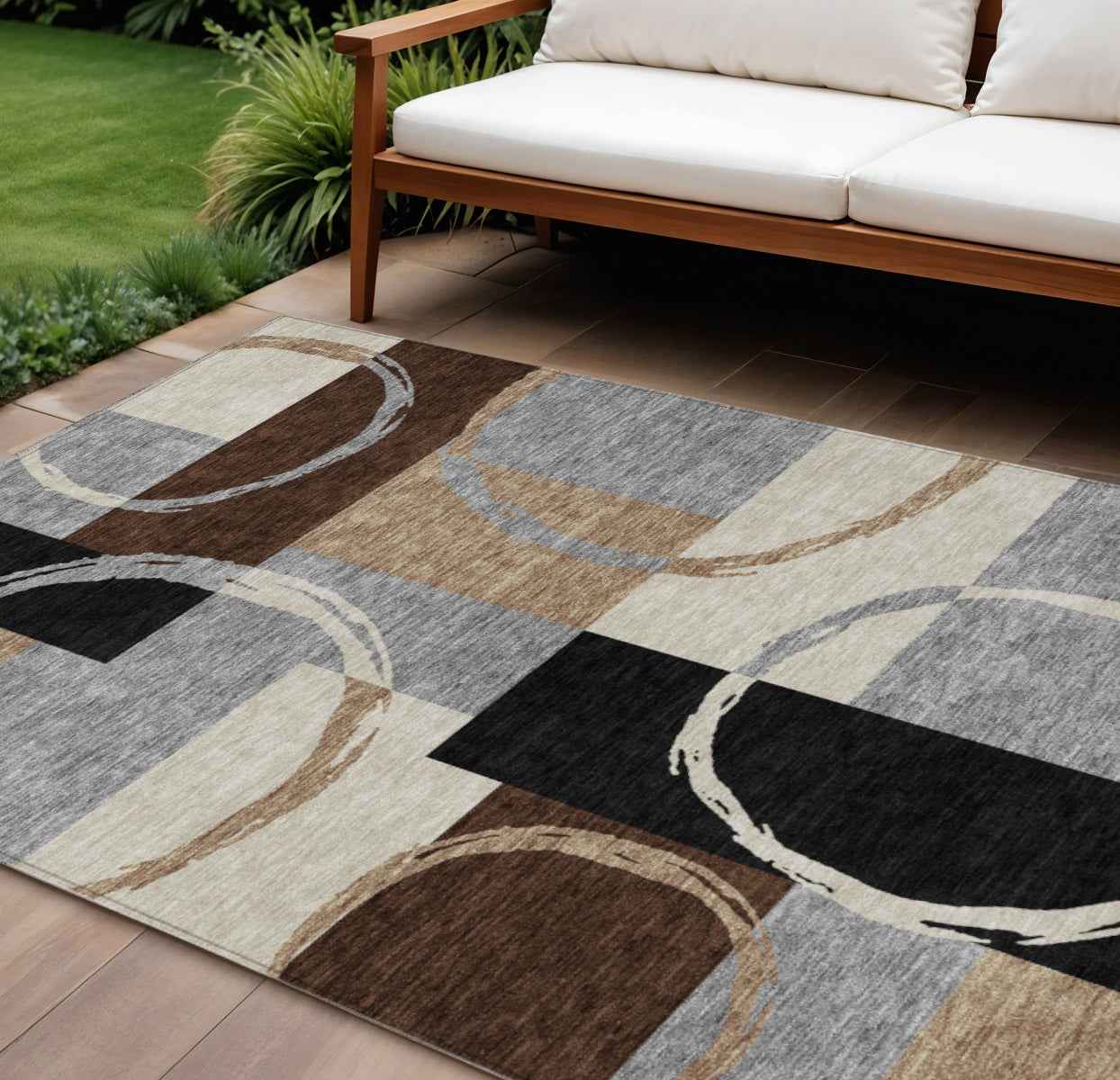 8' X 10' Pewter Gray And Black Geometric Washable Indoor Outdoor Area Rug