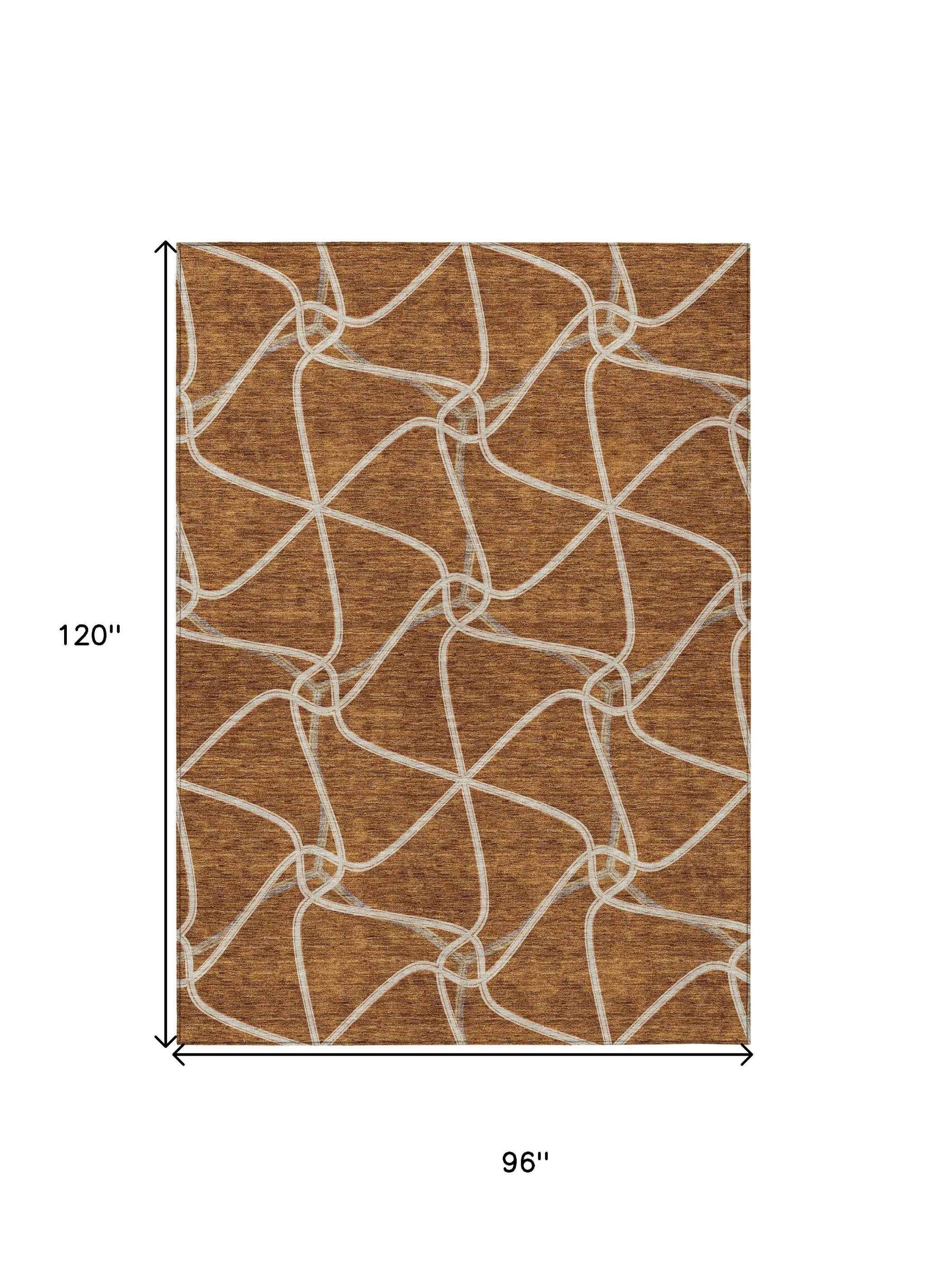8' X 10' Orange And Ivory Geometric Washable Indoor Outdoor Area Rug