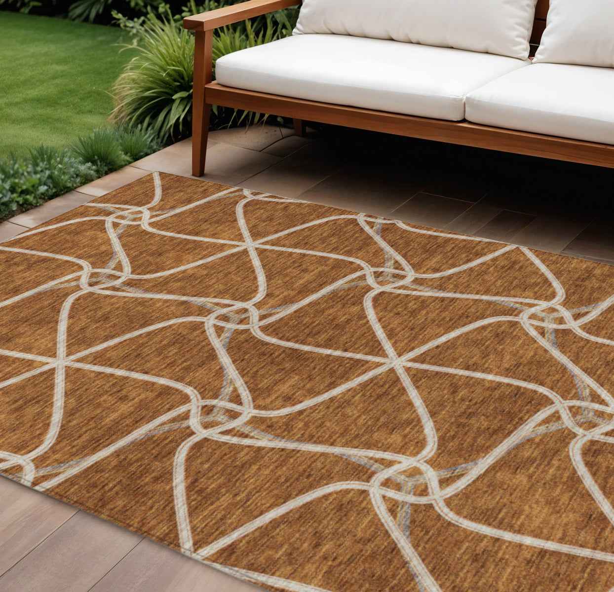 8' X 10' Orange And Ivory Geometric Washable Indoor Outdoor Area Rug