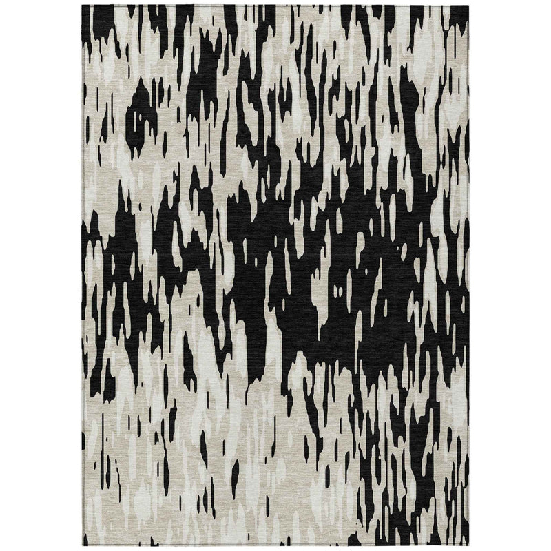 8' X 10' Black And Ivory Abstract Washable Indoor Outdoor Area Rug
