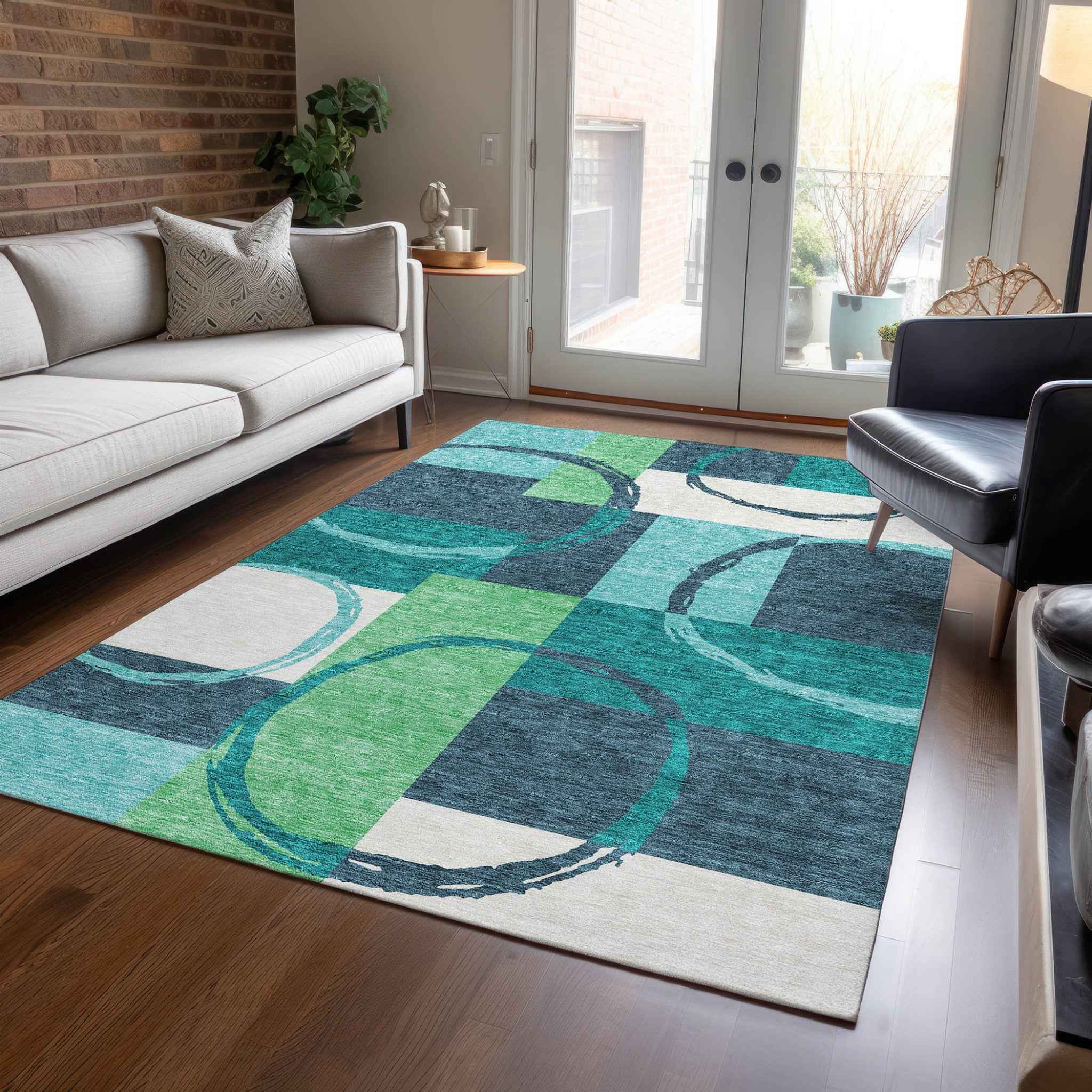 10' X 14' Teal Blue And Green Geometric Washable Indoor Outdoor Area Rug