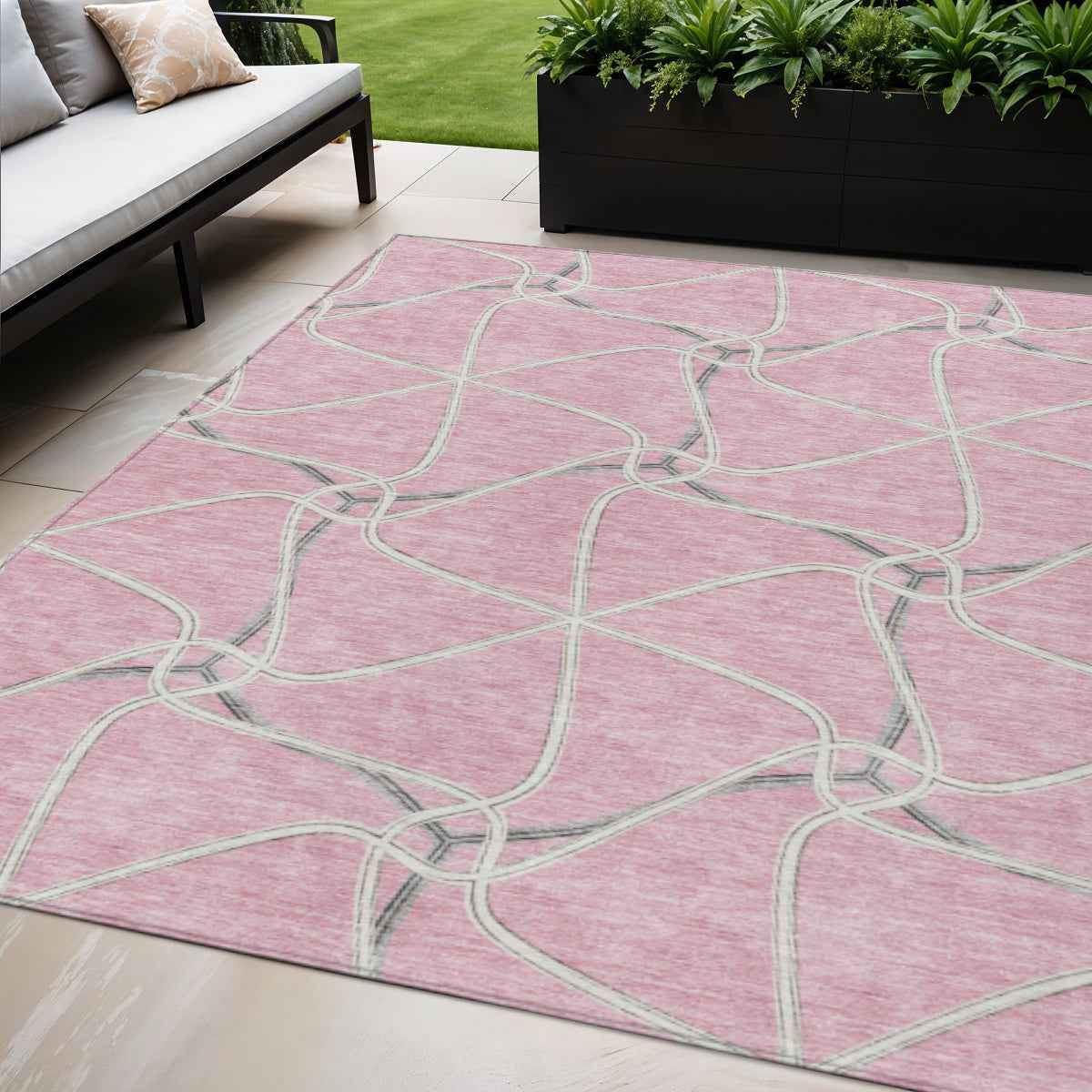 5' X 8' Pink And Ivory Geometric Washable Indoor Outdoor Area Rug