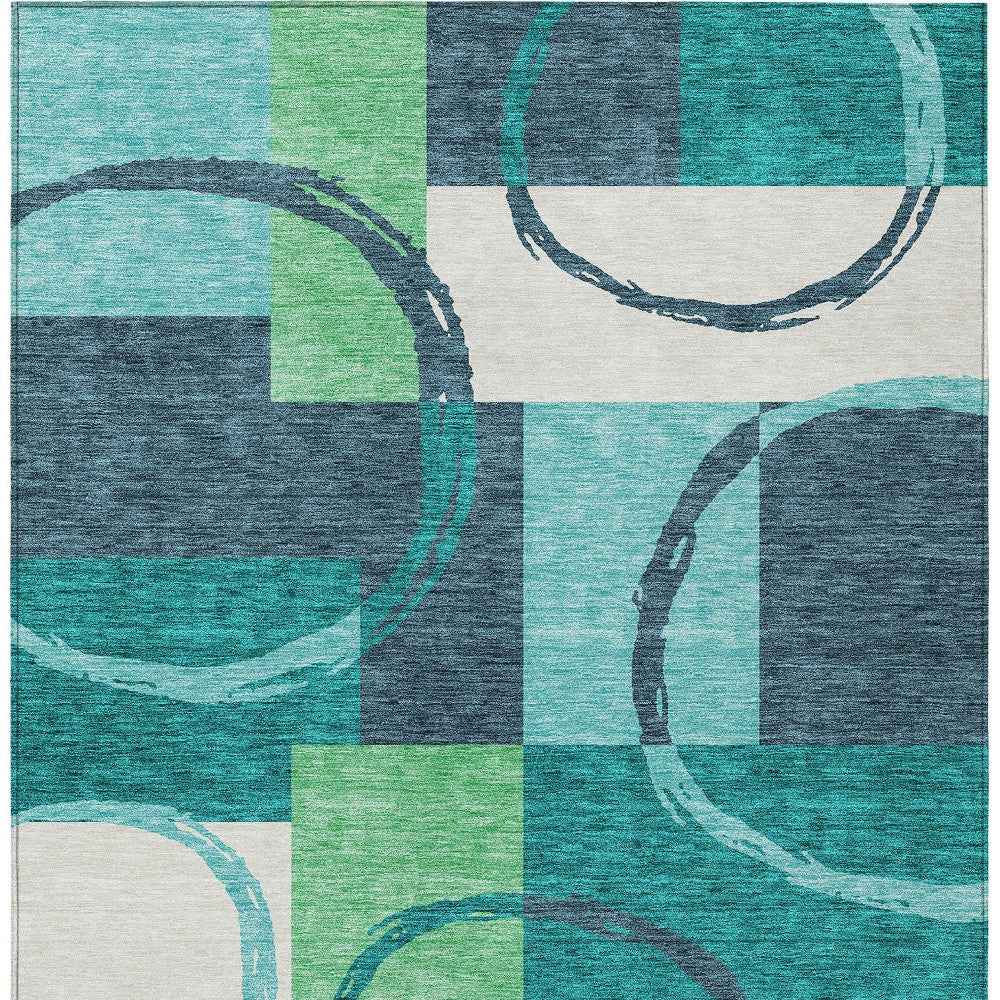 10' X 14' Teal Blue And Green Geometric Washable Indoor Outdoor Area Rug