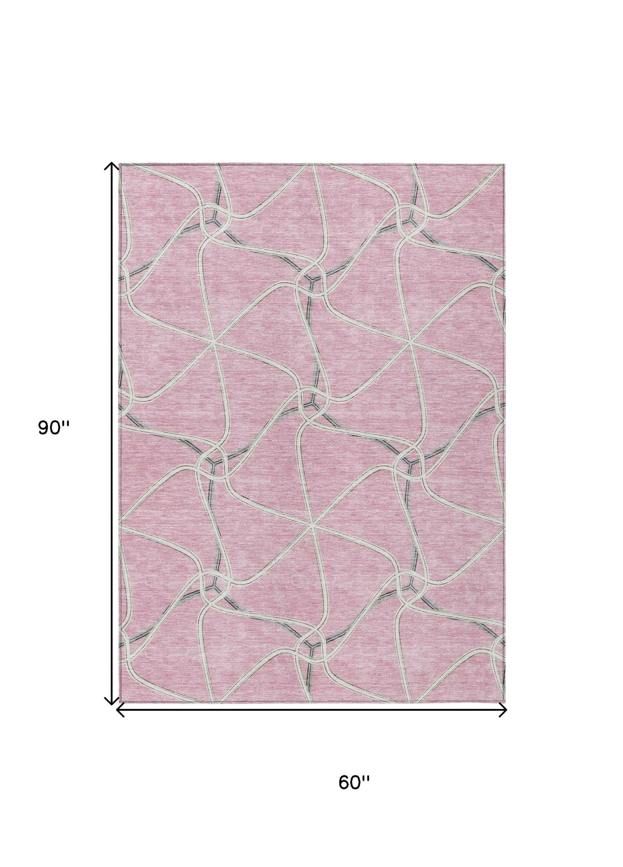 5' X 8' Pink And Ivory Geometric Washable Indoor Outdoor Area Rug