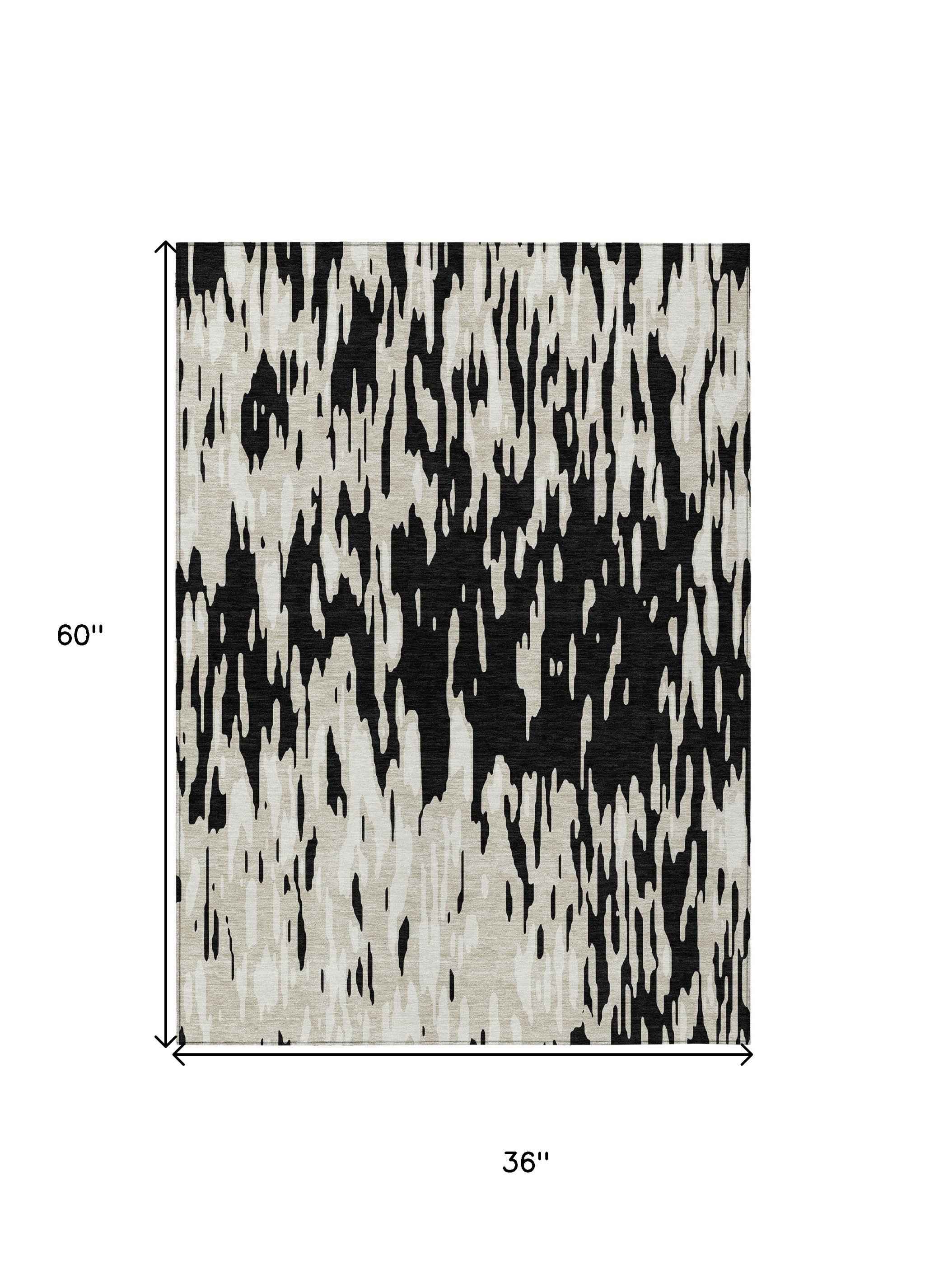 3' X 5' Black And Ivory Abstract Washable Indoor Outdoor Area Rug