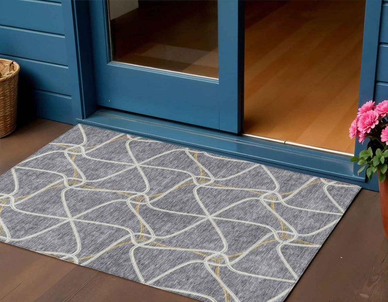 3' X 5' Gray And Ivory Geometric Washable Indoor Outdoor Area Rug